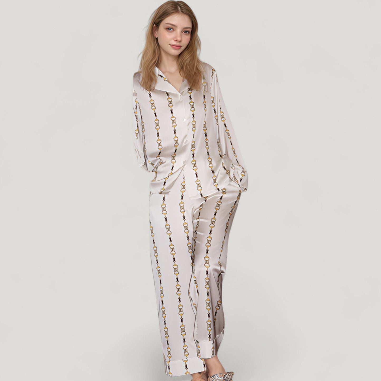 Anna-Kaci Lounge Women's Vertical Chain Print Pajama Set with Long Sleeve Notch Collar Button Down Top and Silky Relaxed Woven Pants