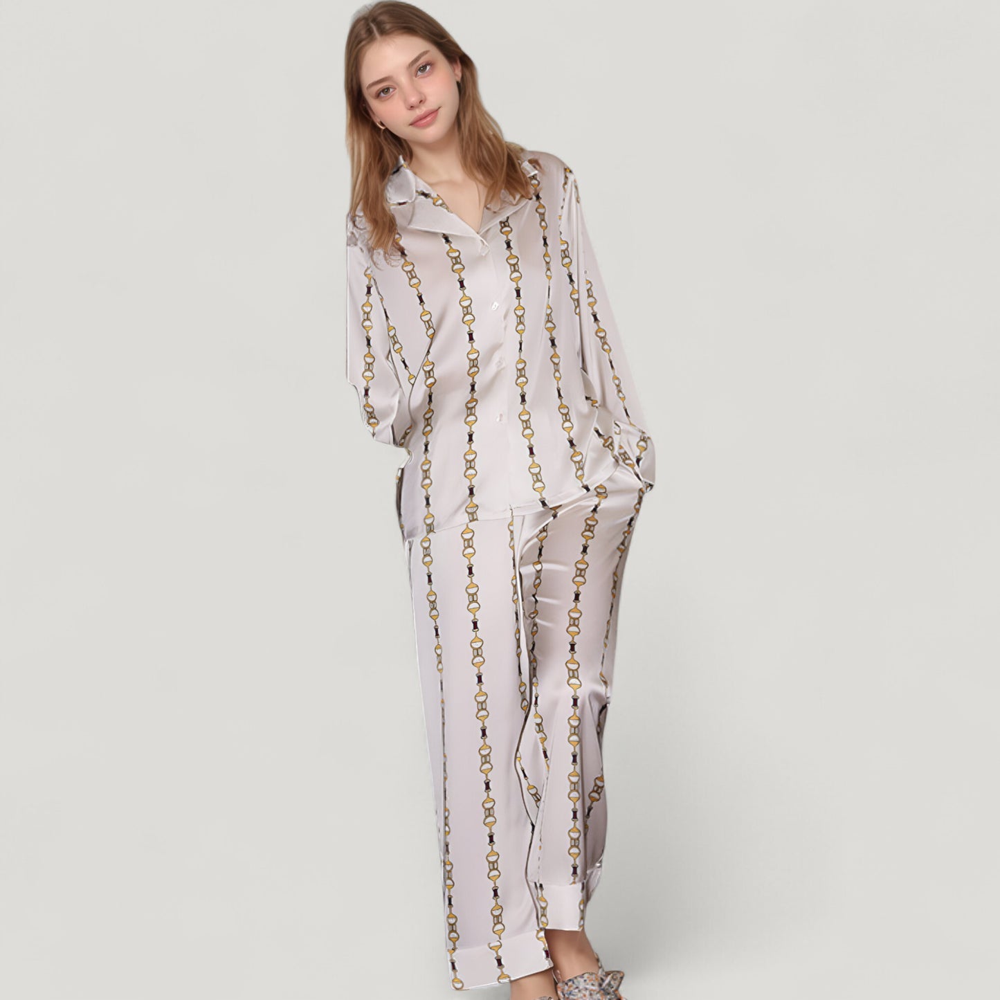 Anna-Kaci Lounge Women's Vertical Chain Print Pajama Set with Long Sleeve Notch Collar Button Down Top and Silky Relaxed Woven Pants