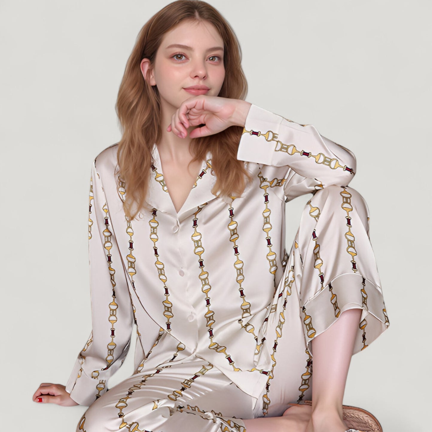 Anna-Kaci Lounge Women's Vertical Chain Print Pajama Set with Long Sleeve Notch Collar Button Down Top and Silky Relaxed Woven Pants