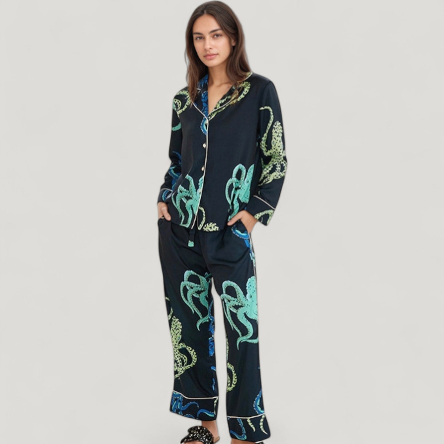 Anna-Kaci Lounge Women's Octopus Print Pajama Set with Button Front Long Sleeve Top and Relaxed Fit Wide Leg Woven Pants