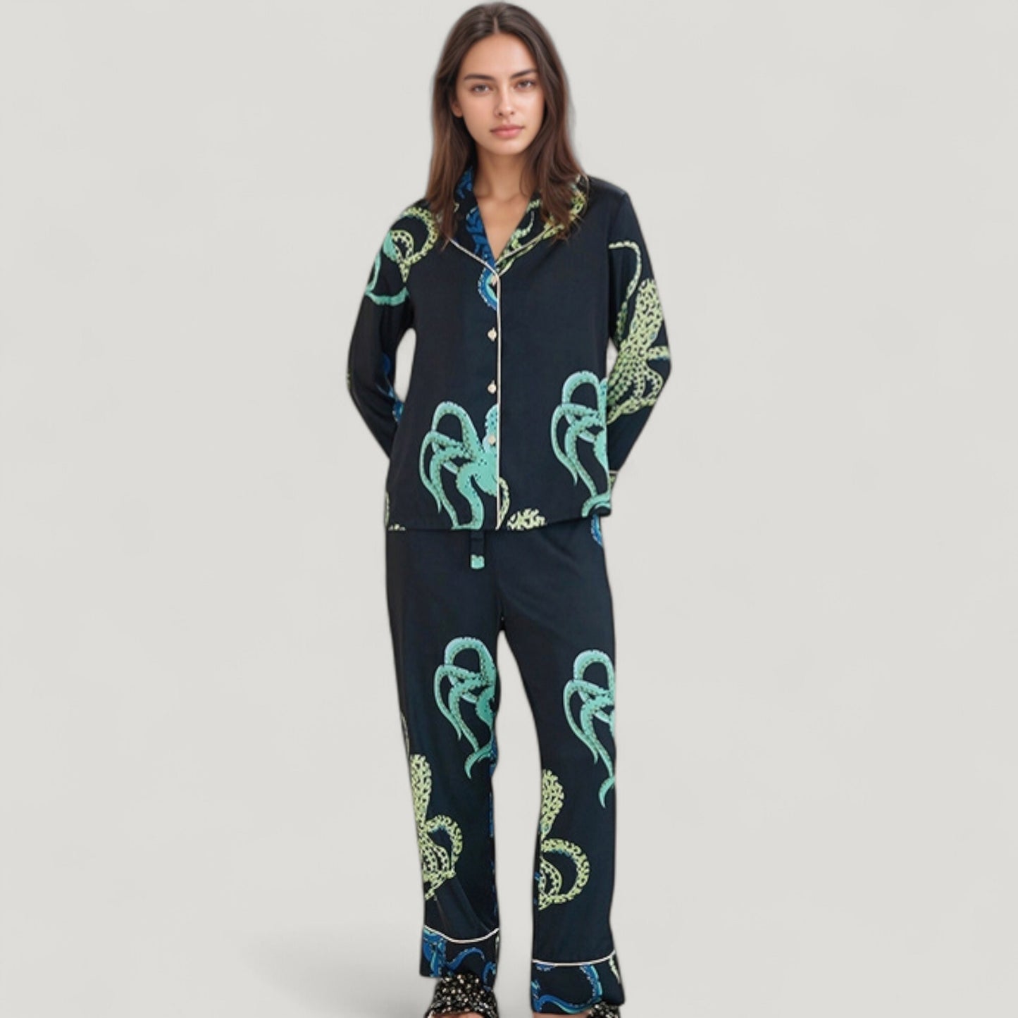 Anna-Kaci Lounge Women's Octopus Print Pajama Set with Button Front Long Sleeve Top and Relaxed Fit Wide Leg Woven Pants