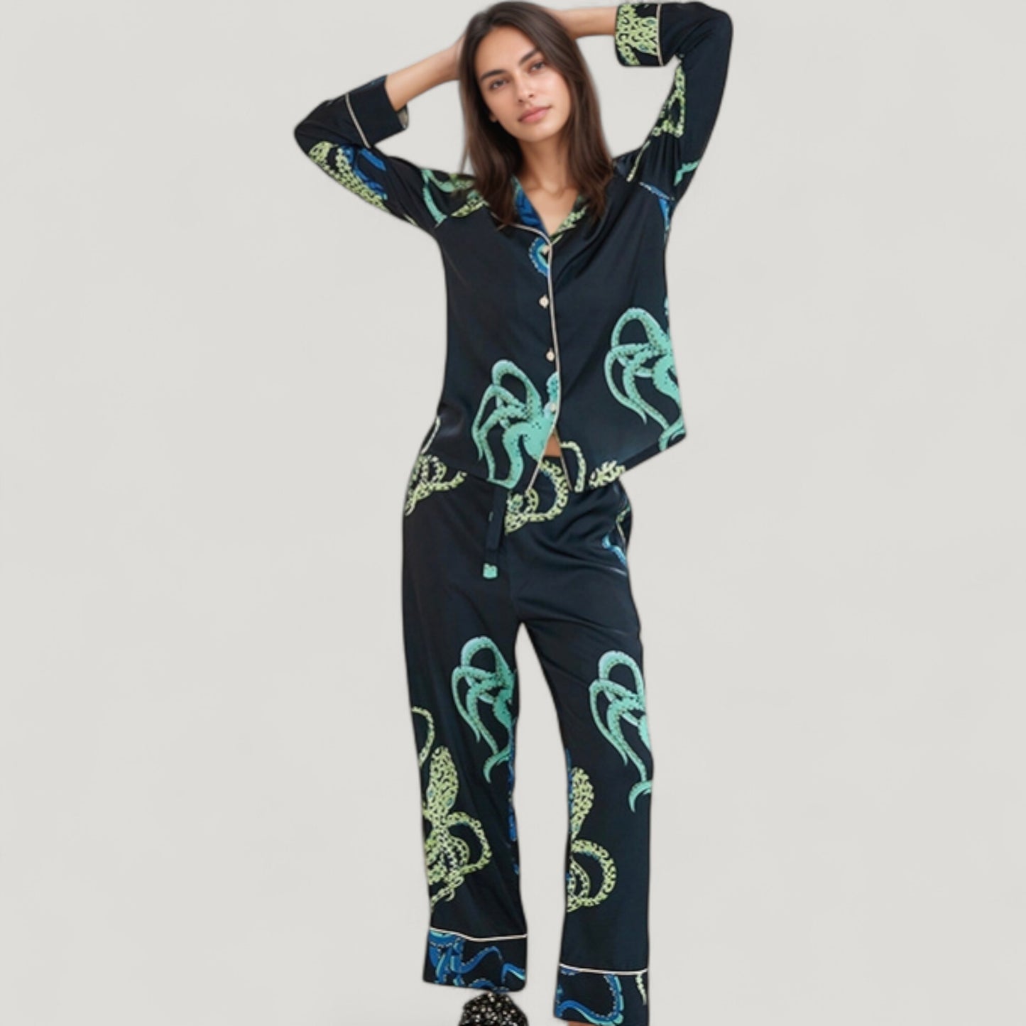 Anna-Kaci Lounge Women's Octopus Print Pajama Set with Button Front Long Sleeve Top and Relaxed Fit Wide Leg Woven Pants