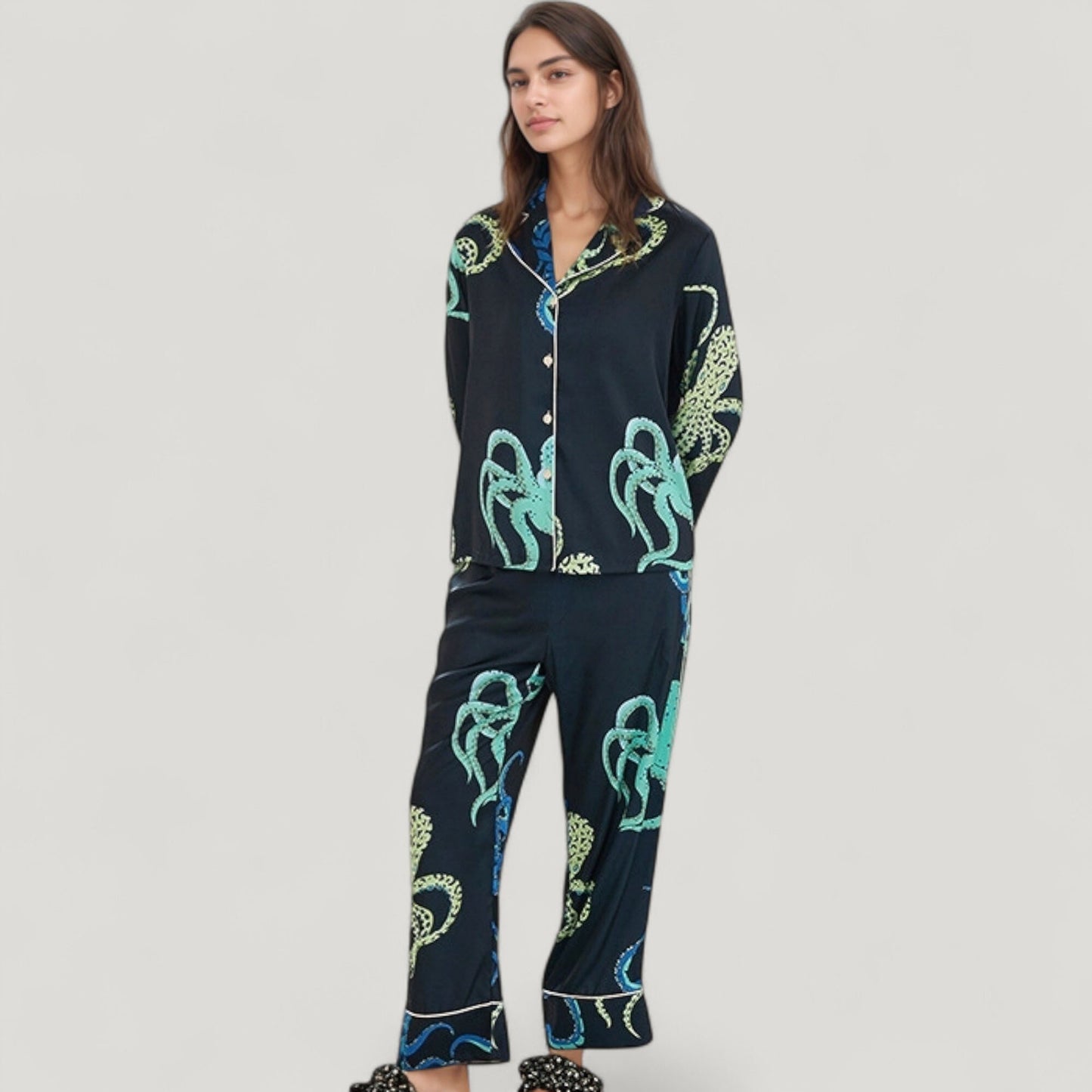 Anna-Kaci Lounge Women's Octopus Print Pajama Set with Button Front Long Sleeve Top and Relaxed Fit Wide Leg Woven Pants