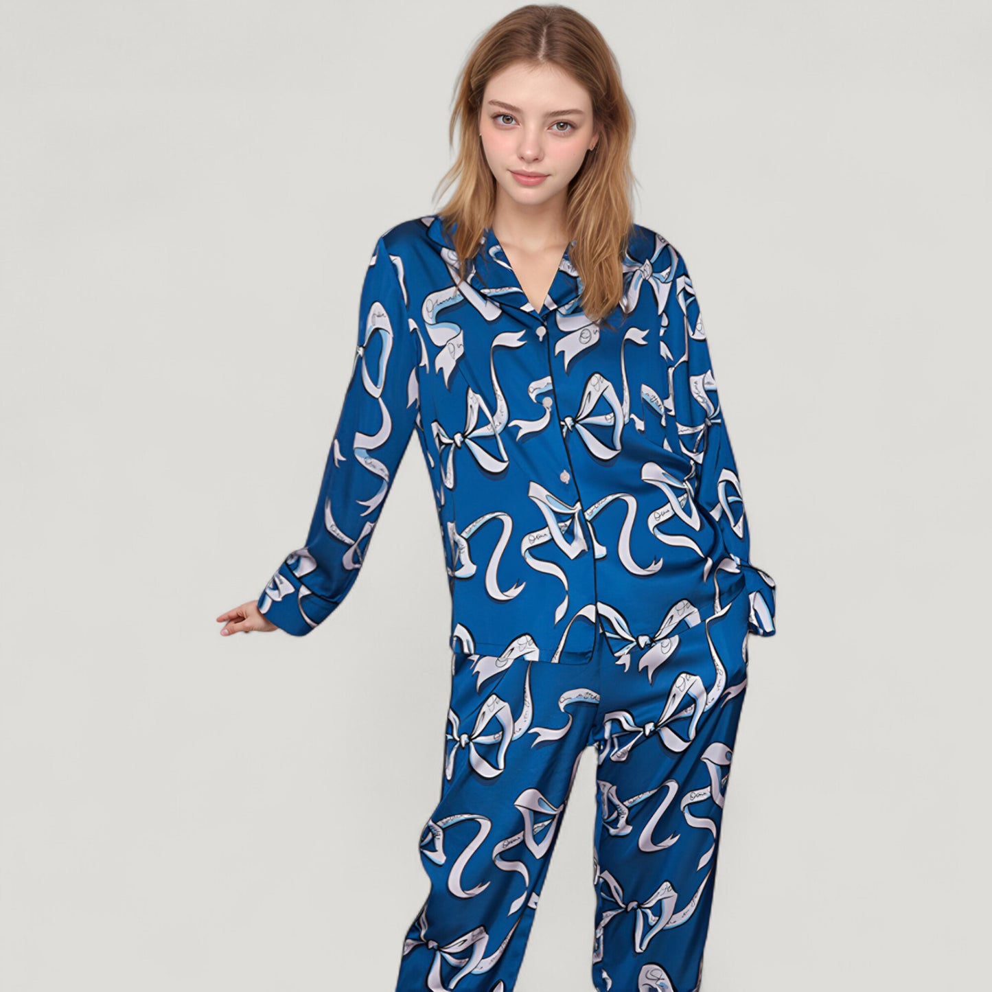 Anna-Kaci Lounge Women's Eel Print Pajama Set with Button Down Long Sleeve Top and Relaxed Fit Wide Leg Woven Pants