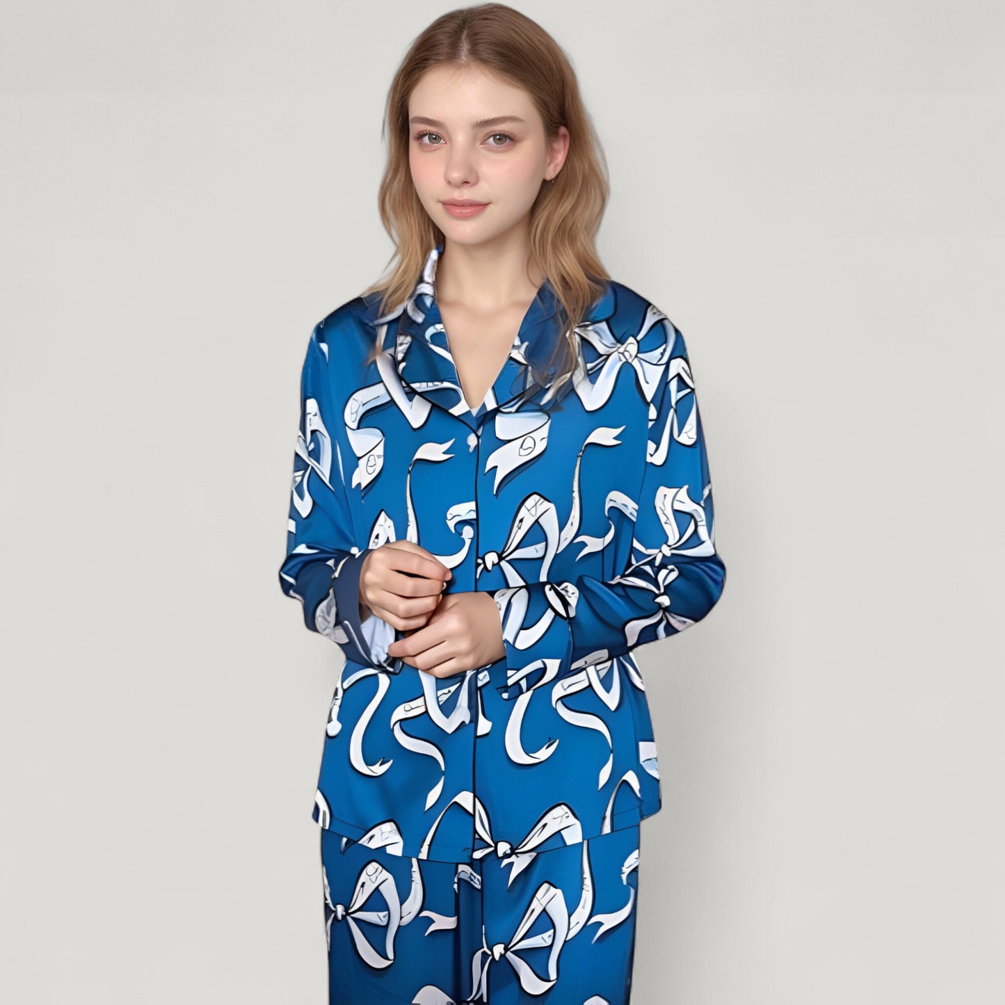 Anna-Kaci Lounge Women's Eel Print Pajama Set with Button Down Long Sleeve Top and Relaxed Fit Wide Leg Woven Pants