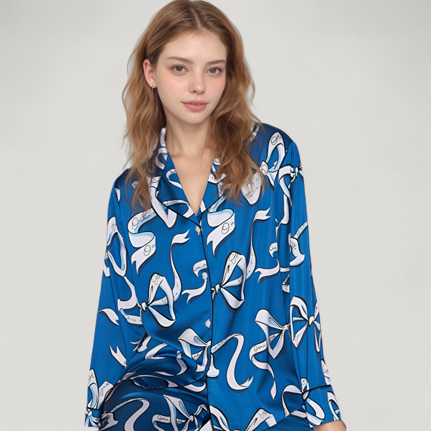 Anna-Kaci Lounge Women's Eel Print Pajama Set with Button Down Long Sleeve Top and Relaxed Fit Wide Leg Woven Pants