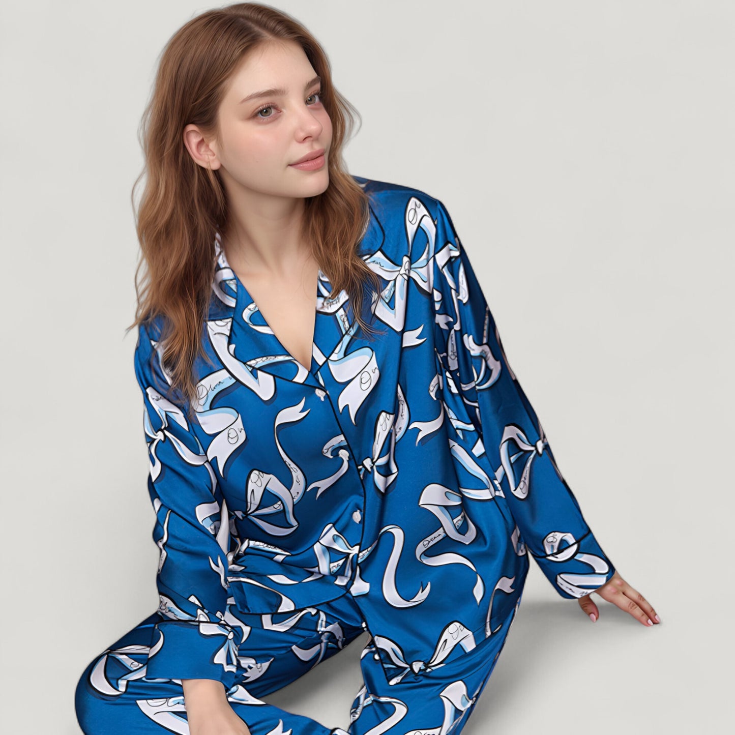 Anna-Kaci Lounge Women's Eel Print Pajama Set with Button Down Long Sleeve Top and Relaxed Fit Wide Leg Woven Pants