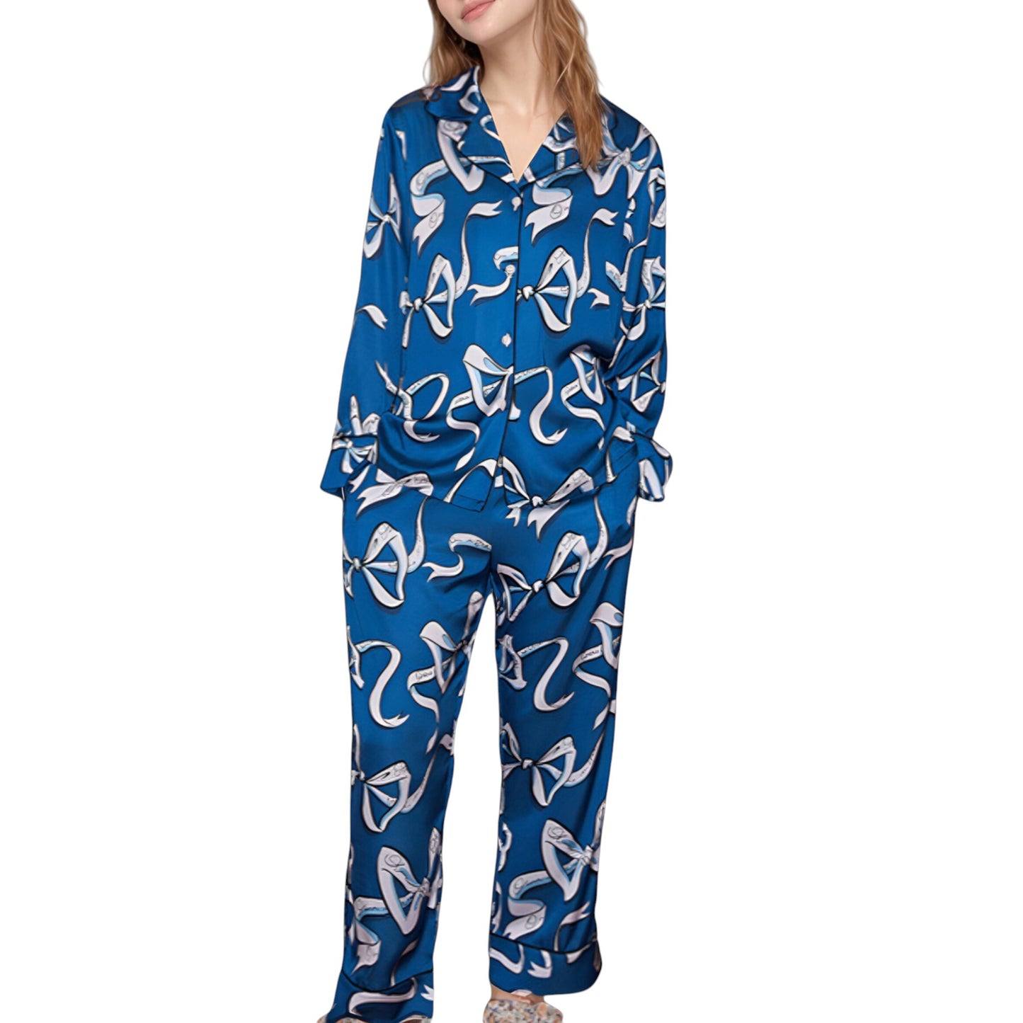 Anna-Kaci Lounge Women's Eel Print Pajama Set with Button Down Long Sleeve Top and Relaxed Fit Wide Leg Woven Pants