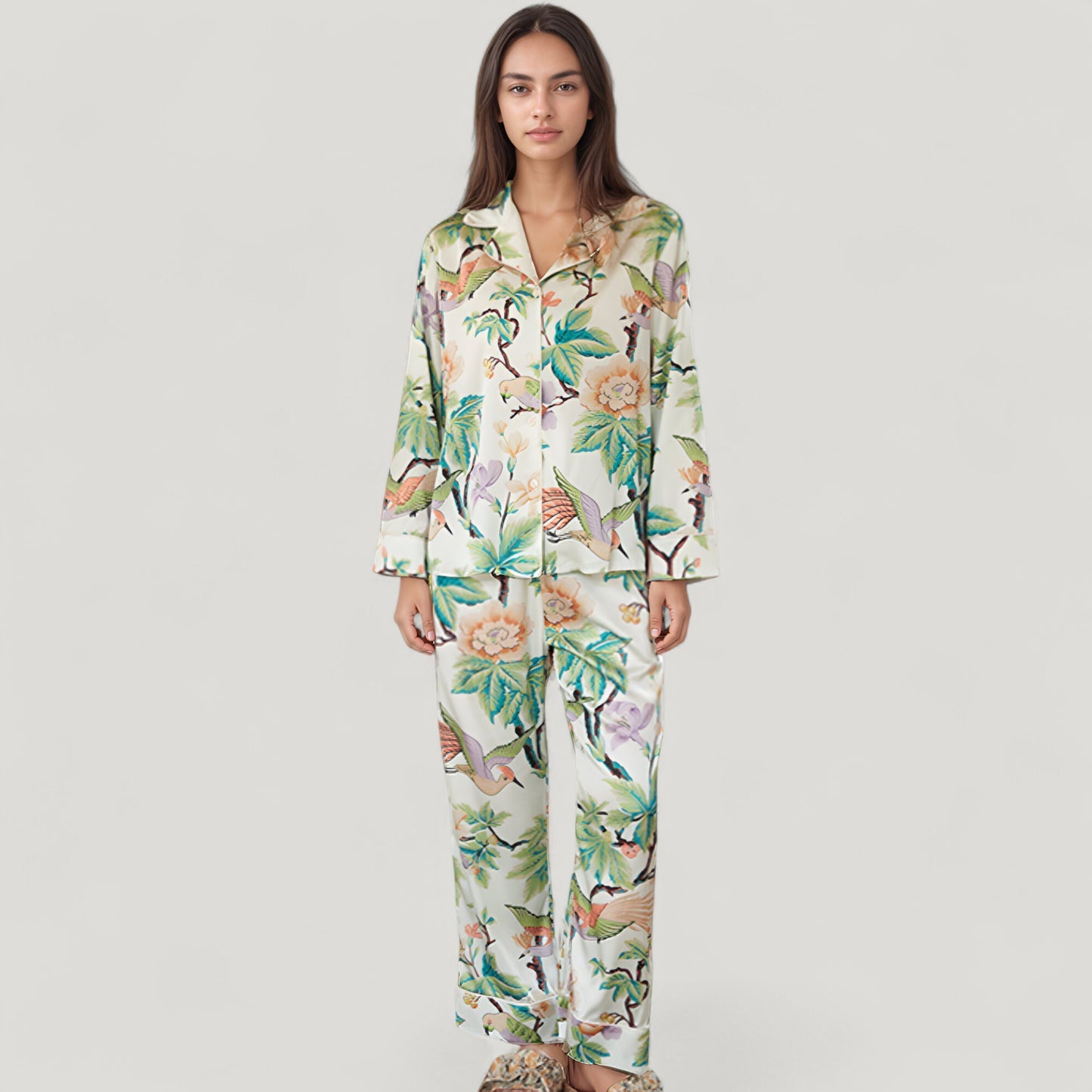 Anna-Kaci Lounge Women's Bird and Floral Print Pajama Set with Button Down Long Sleeve Top and Relaxed Fit Woven Pants