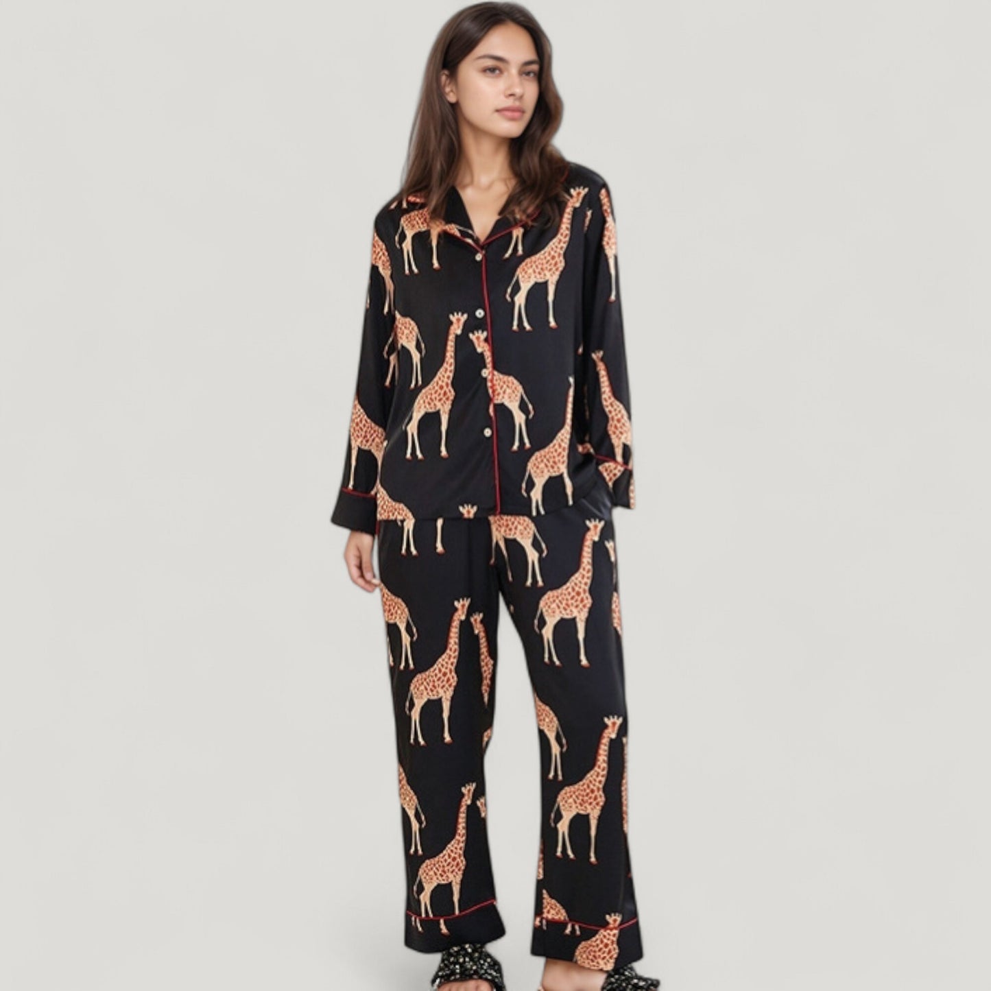 Anna-Kaci Lounge Women's Giraffe Print Pajama Set with Long Sleeve Button Down Top and Relaxed Fit Woven Pants