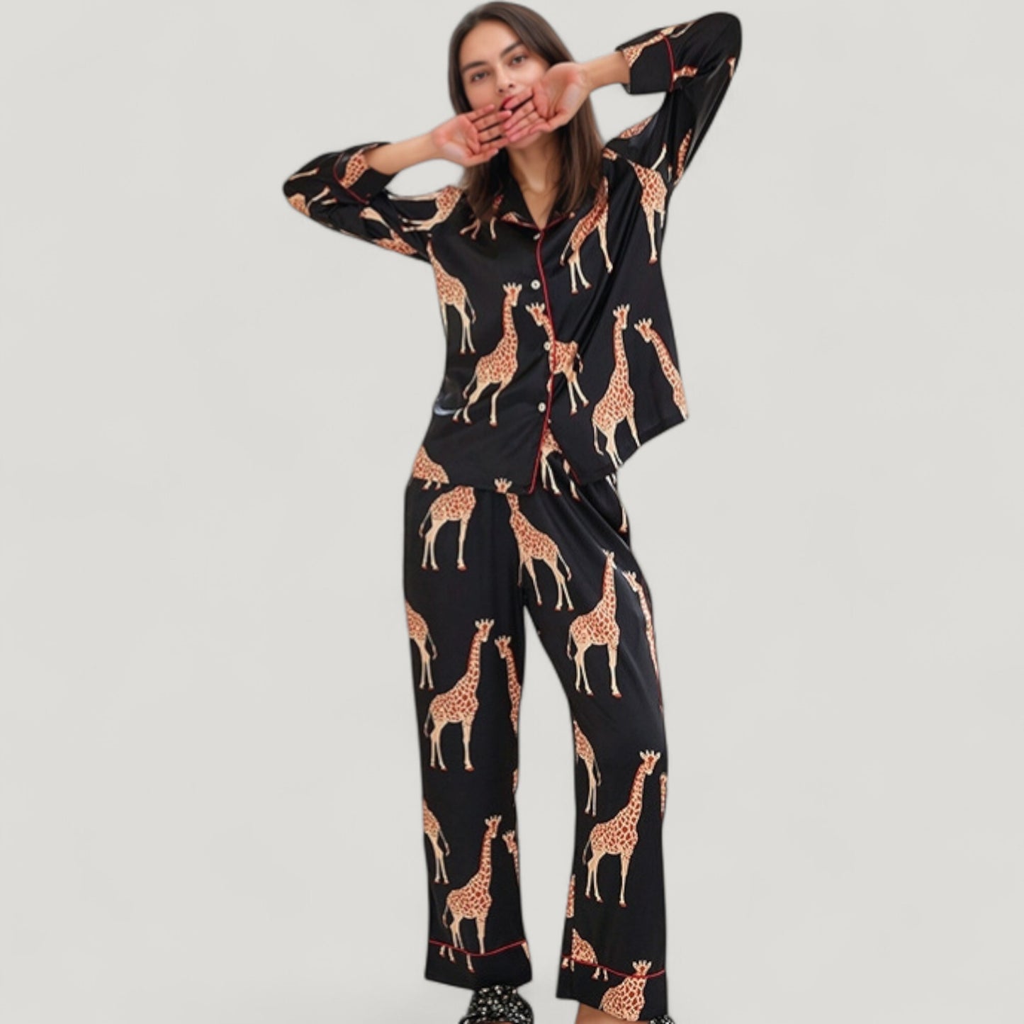 Anna-Kaci Lounge Women's Giraffe Print Pajama Set with Long Sleeve Button Down Top and Relaxed Fit Woven Pants