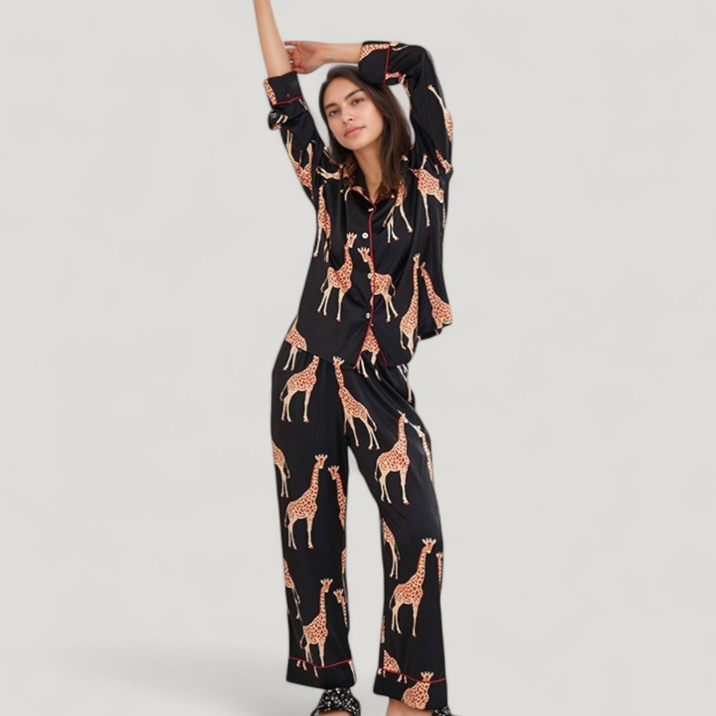 Anna-Kaci Lounge Women's Giraffe Print Pajama Set with Long Sleeve Button Down Top and Relaxed Fit Woven Pants