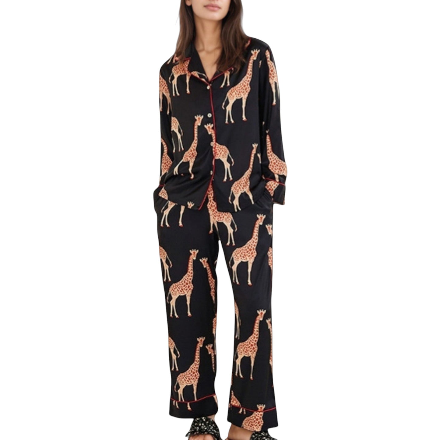 Anna-Kaci Lounge Women's Giraffe Print Pajama Set with Long Sleeve Button Down Top and Relaxed Fit Woven Pants
