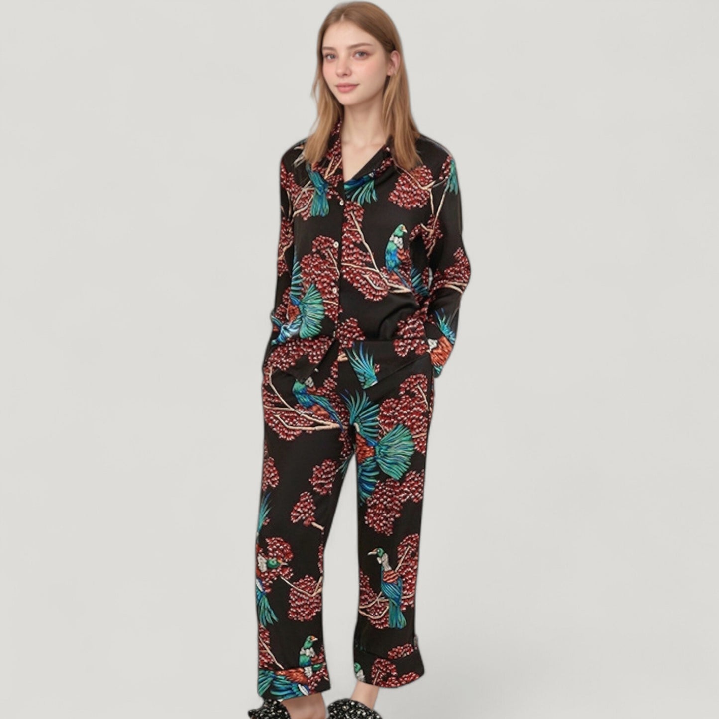 Anna-Kaci Lounge Women's Woven Two-Piece Pajama Set with Tropical Bird and Botanical Print Long Sleeve Top and Relaxed Fit Pants