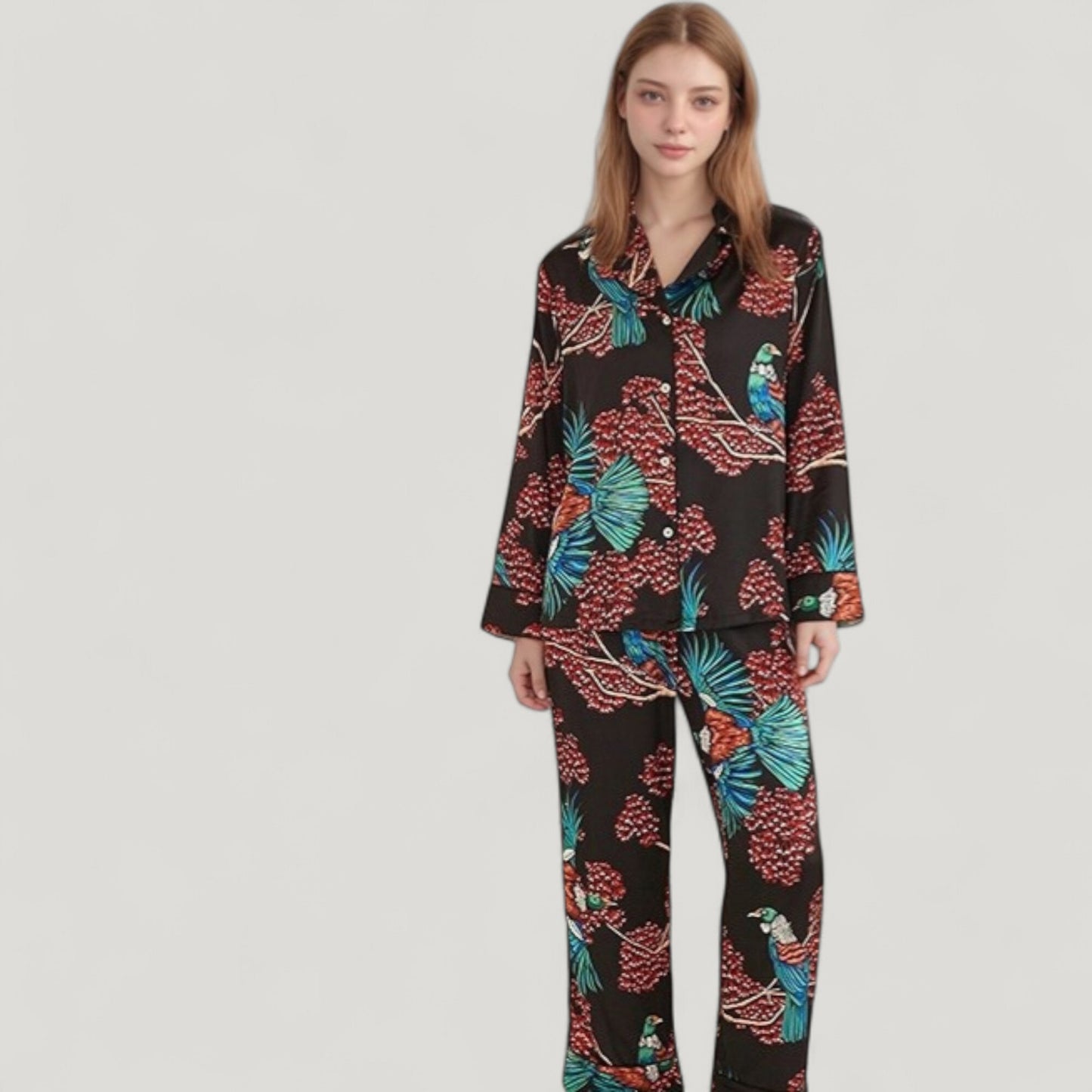 Anna-Kaci Lounge Women's Woven Two-Piece Pajama Set with Tropical Bird and Botanical Print Long Sleeve Top and Relaxed Fit Pants
