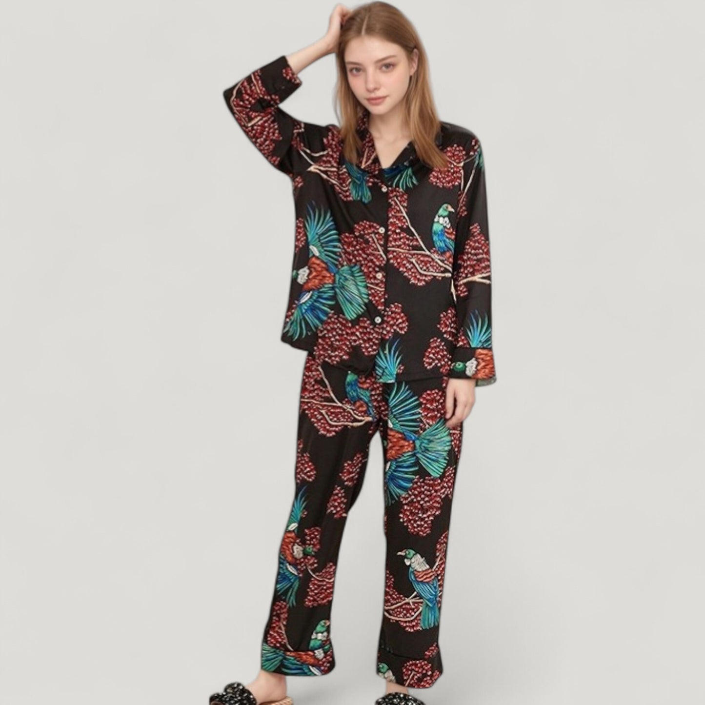 Anna-Kaci Lounge Women's Woven Two-Piece Pajama Set with Tropical Bird and Botanical Print Long Sleeve Top and Relaxed Fit Pants