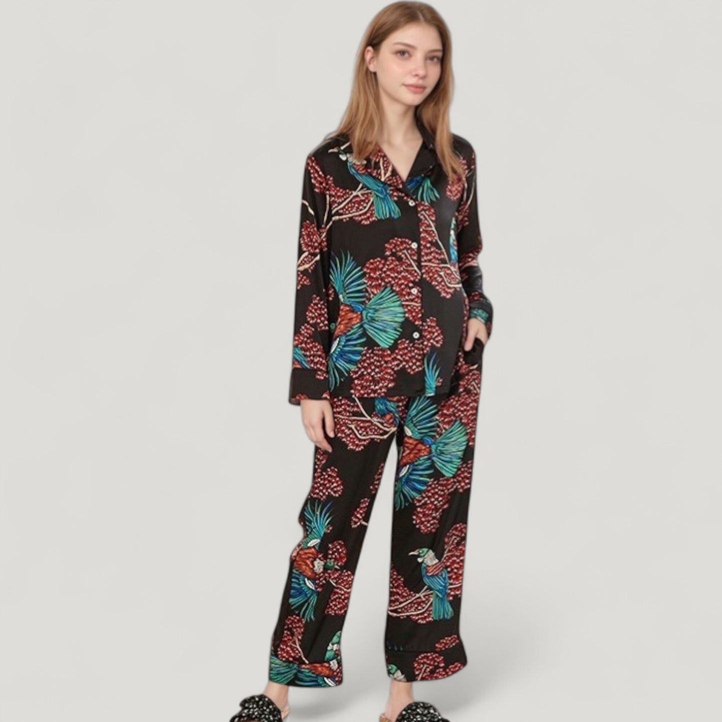 Anna-Kaci Lounge Women's Woven Two-Piece Pajama Set with Tropical Bird and Botanical Print Long Sleeve Top and Relaxed Fit Pants