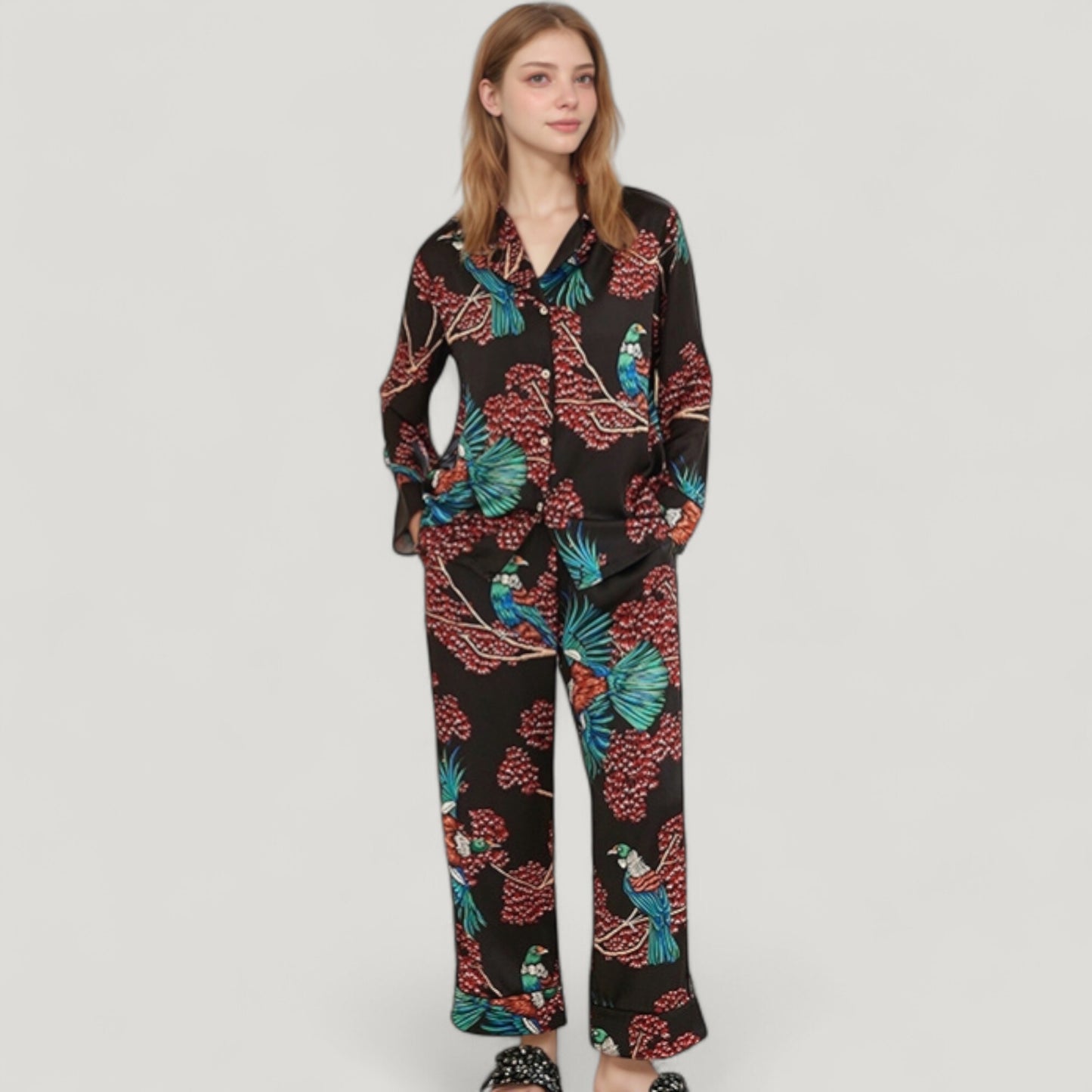 Anna-Kaci Lounge Women's Woven Two-Piece Pajama Set with Tropical Bird and Botanical Print Long Sleeve Top and Relaxed Fit Pants