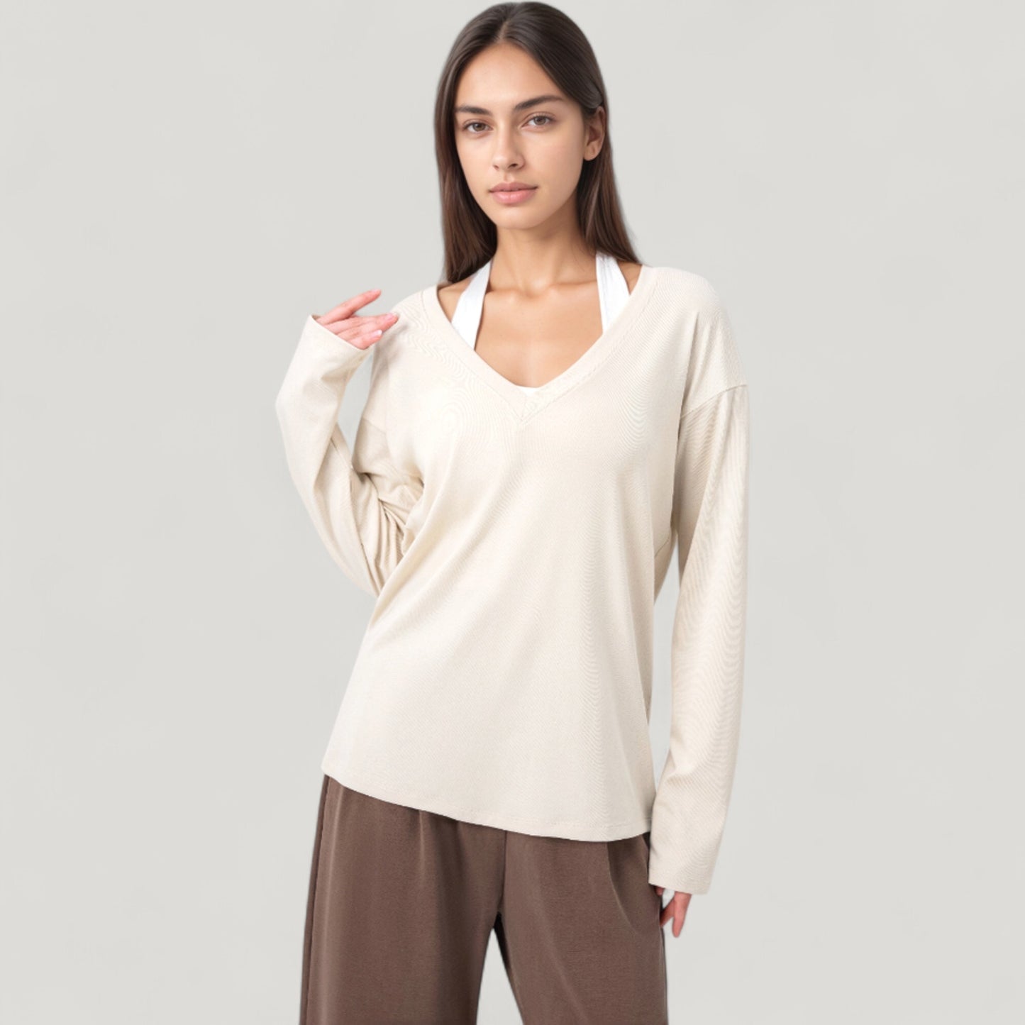 Anna-Kaci Active Women's Long Sleeve V-Neck Pullover Top with Relaxed Fit and Drop Shoulder Design