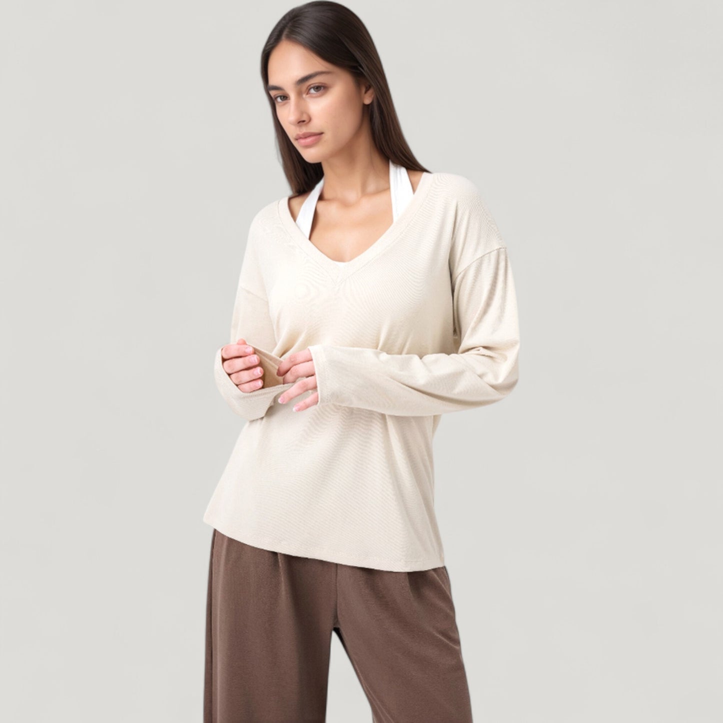 Anna-Kaci Active Women's Long Sleeve V-Neck Pullover Top with Relaxed Fit and Drop Shoulder Design