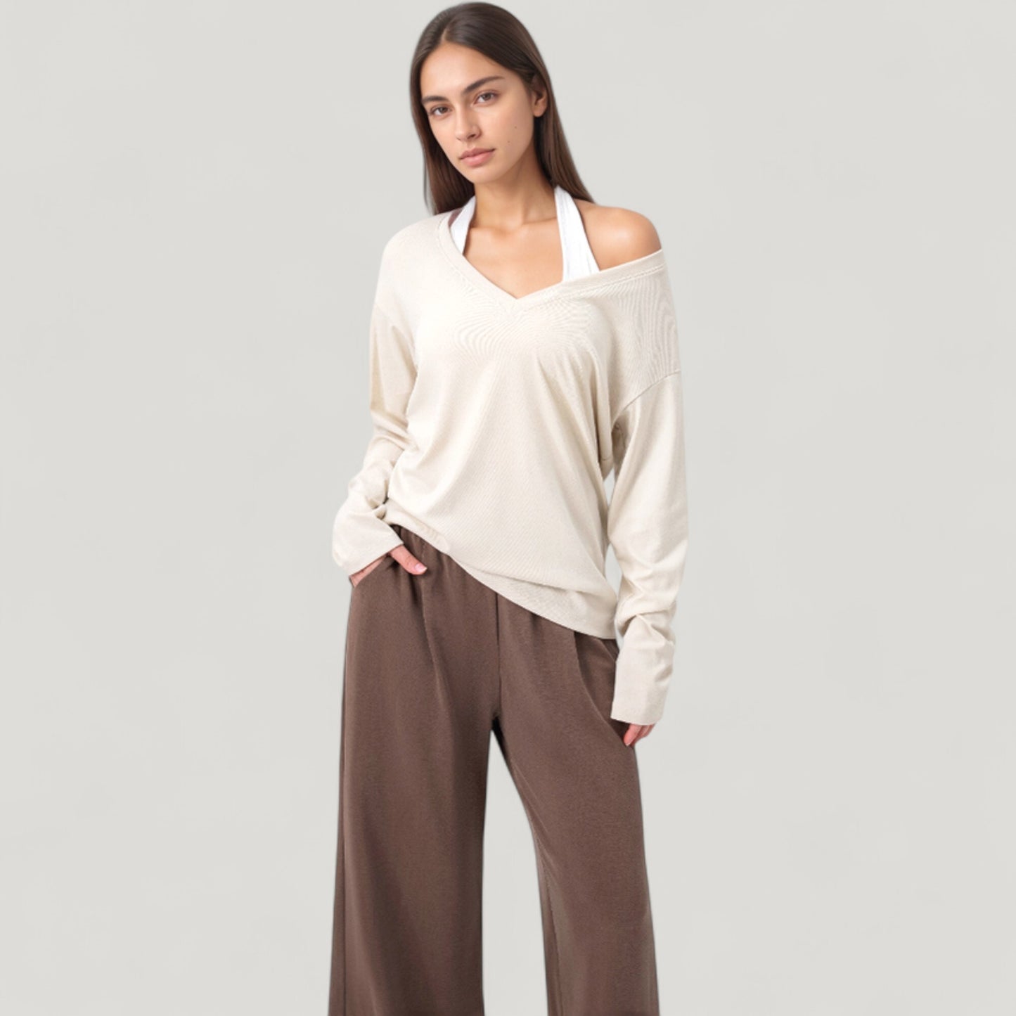 Anna-Kaci Active Women's Long Sleeve V-Neck Pullover Top with Relaxed Fit and Drop Shoulder Design