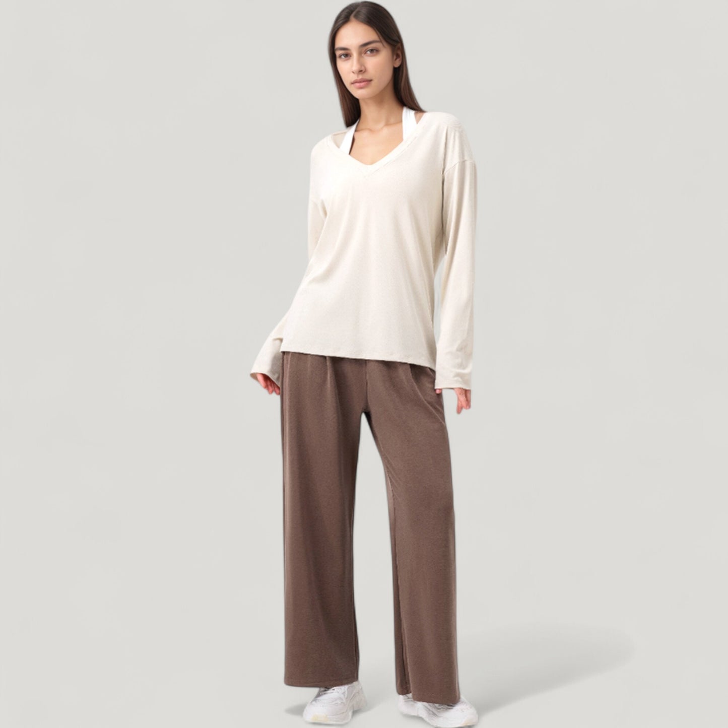 Anna-Kaci Active Women's Long Sleeve V-Neck Pullover Top with Relaxed Fit and Drop Shoulder Design