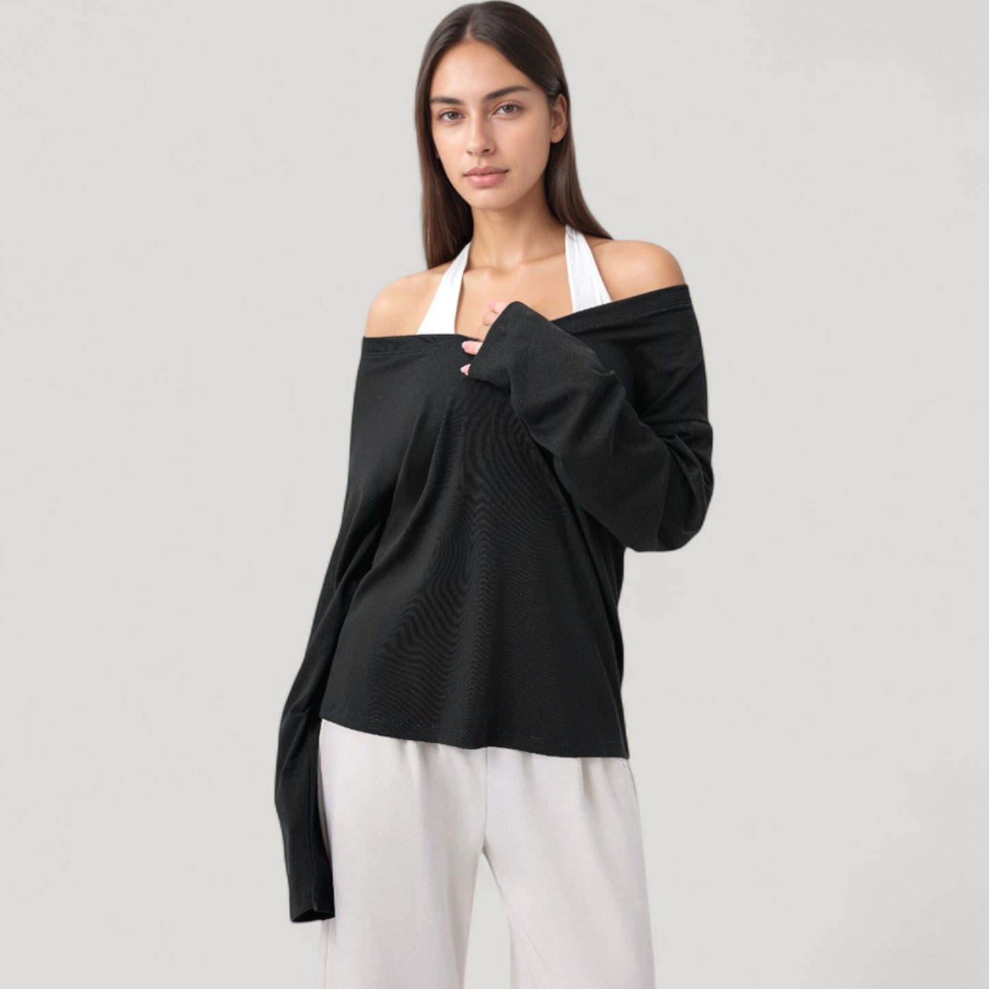 Anna-Kaci Active Women's Long Sleeve V-Neck Pullover Top with Relaxed Fit and Drop Shoulder Design