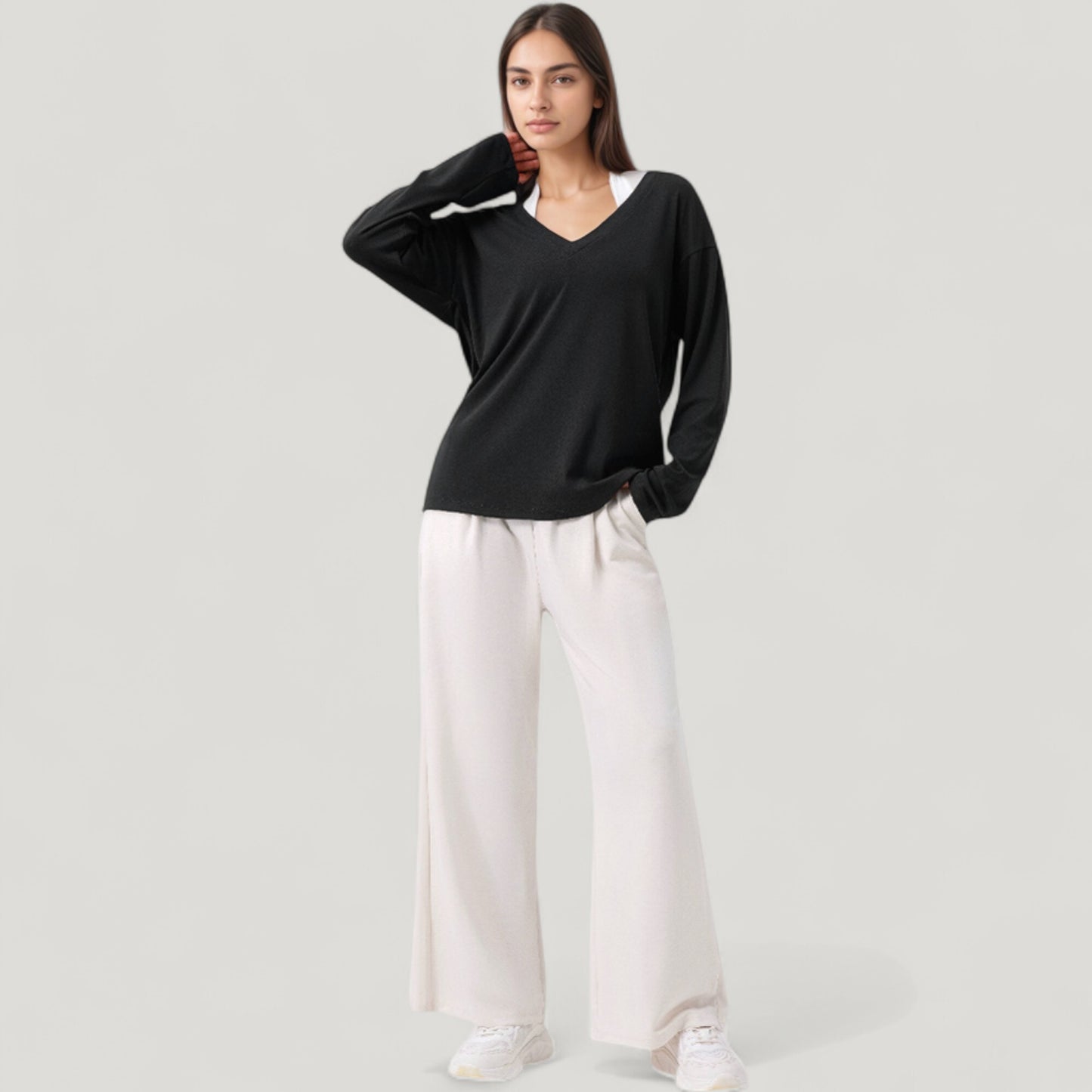 Anna-Kaci Active Women's Long Sleeve V-Neck Pullover Top with Relaxed Fit and Drop Shoulder Design