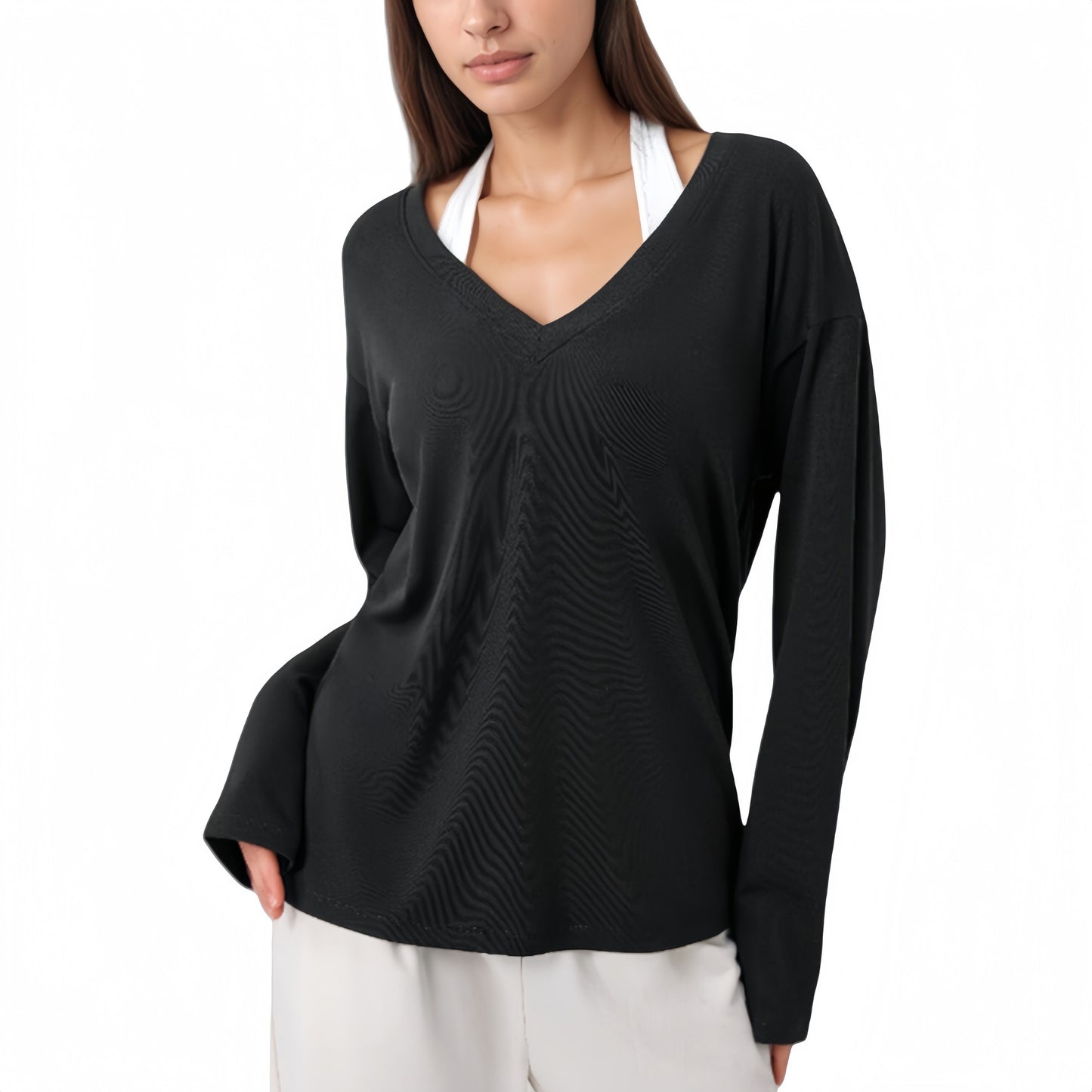 Anna-Kaci Active Women's Long Sleeve V-Neck Pullover Top with Relaxed Fit and Drop Shoulder Design
