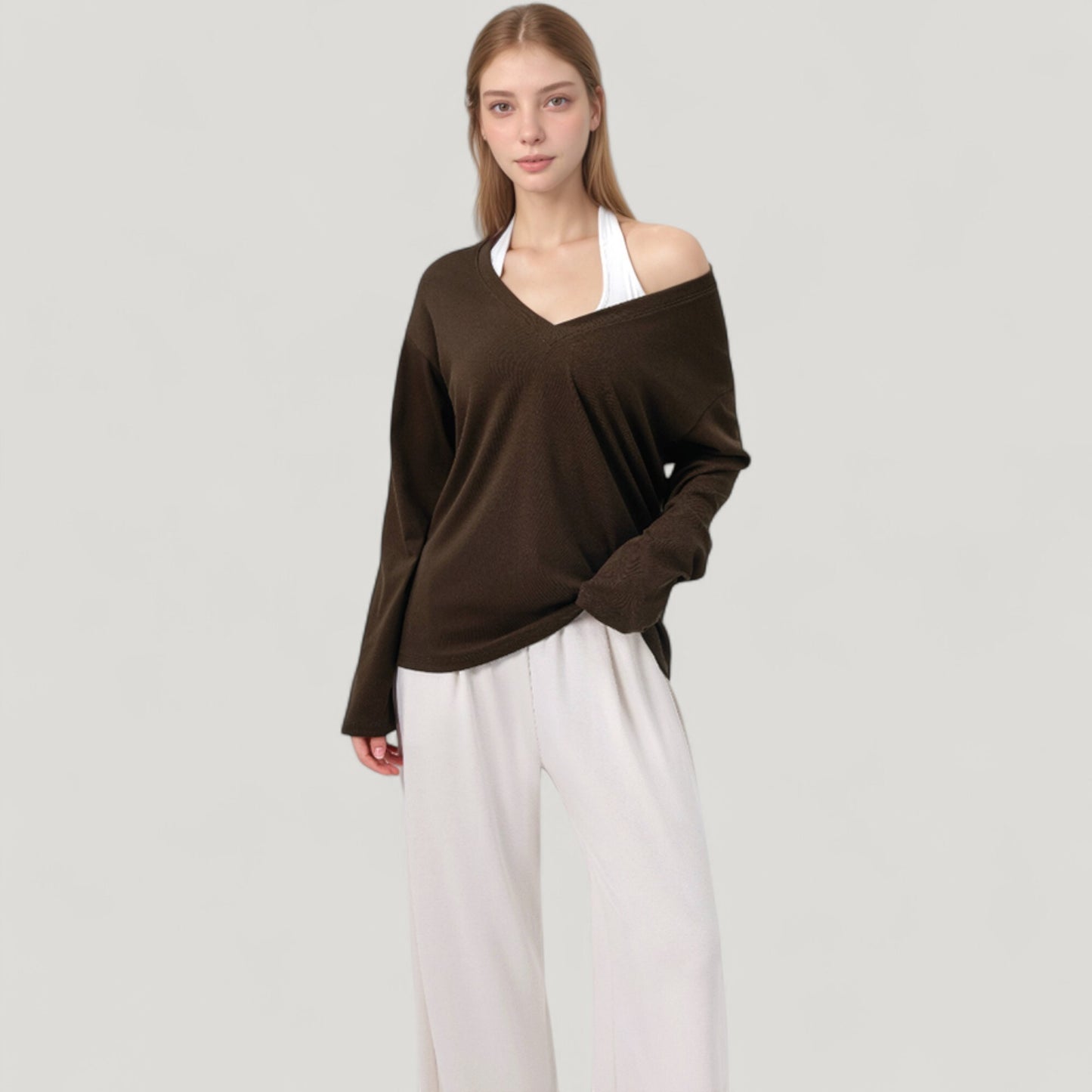 Anna-Kaci Active Women's Long Sleeve V-Neck Pullover Top with Relaxed Fit and Drop Shoulder Design