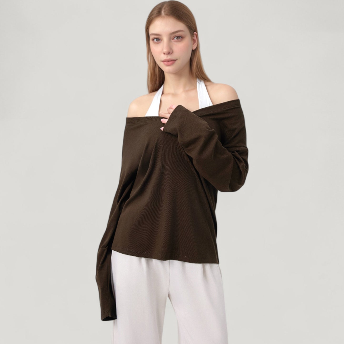 Anna-Kaci Active Women's Long Sleeve V-Neck Pullover Top with Relaxed Fit and Drop Shoulder Design