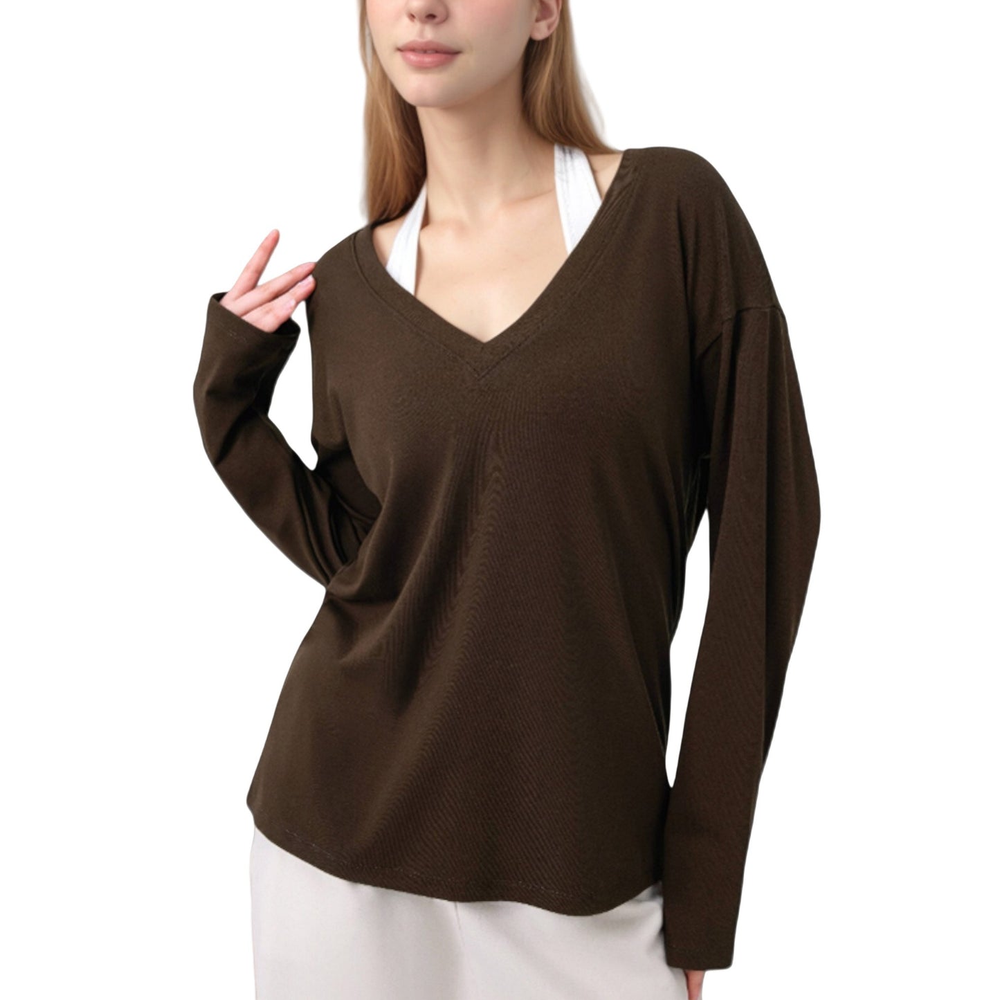 Anna-Kaci Active Women's Long Sleeve V-Neck Pullover Top with Relaxed Fit and Drop Shoulder Design