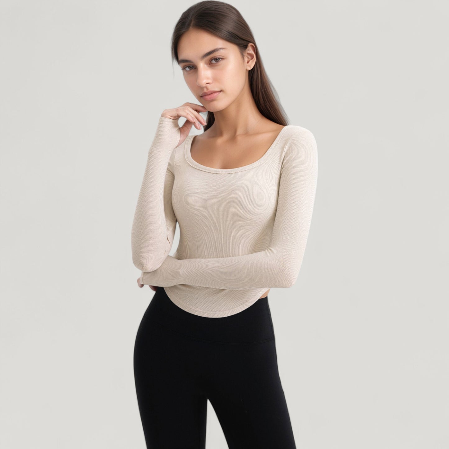 Anna-Kaci Active Women's Long Sleeve Pullover Top with Deep Scoop Neck and Fitted Stretch Design