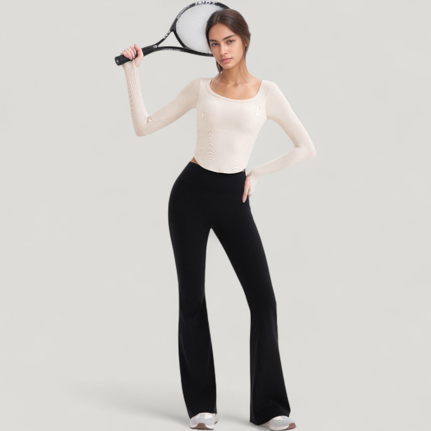 Anna-Kaci Active Women's Long Sleeve Pullover Top with Deep Scoop Neck and Fitted Stretch Design