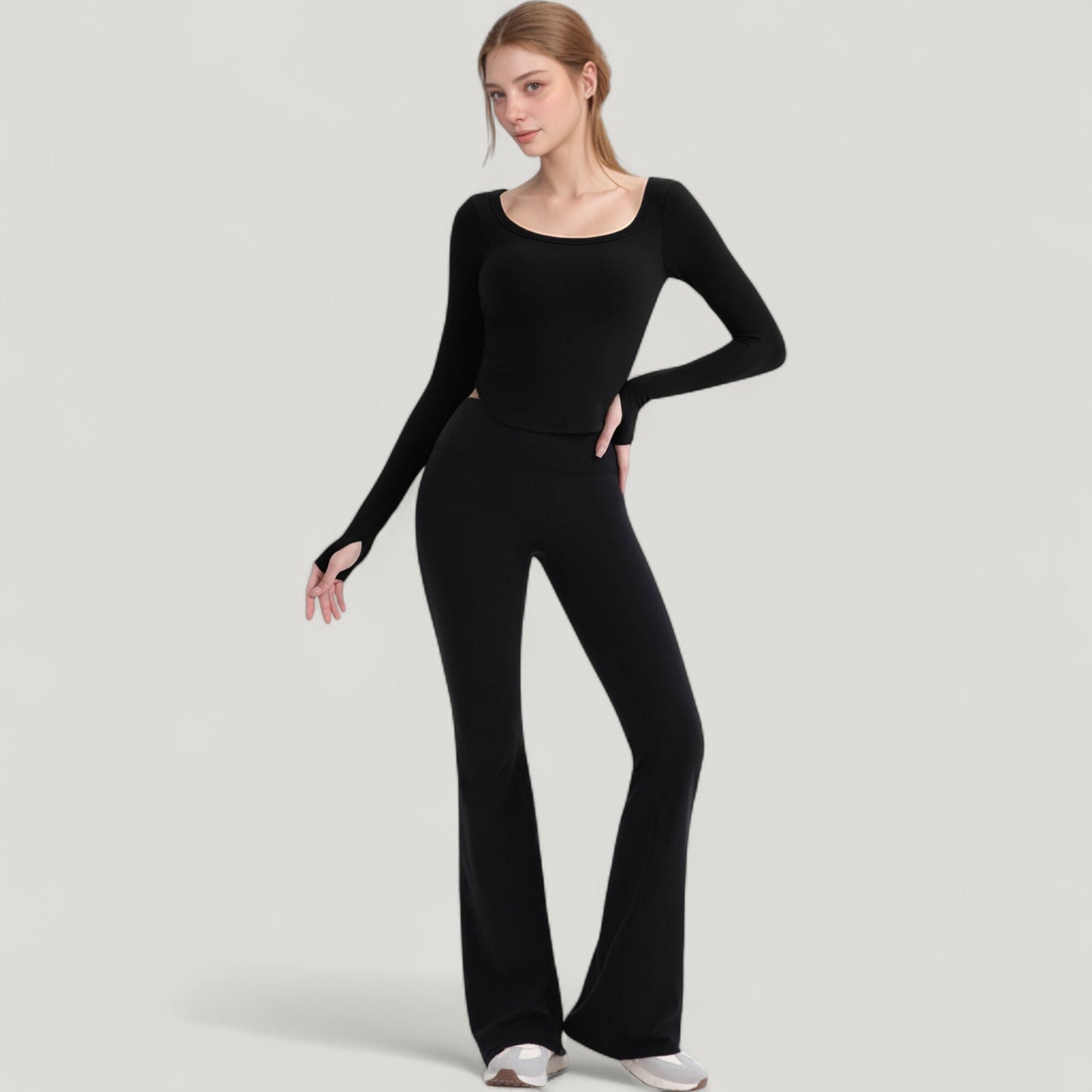 Anna-Kaci Active Women's Long Sleeve Pullover Top with Deep Scoop Neck and Fitted Stretch Design