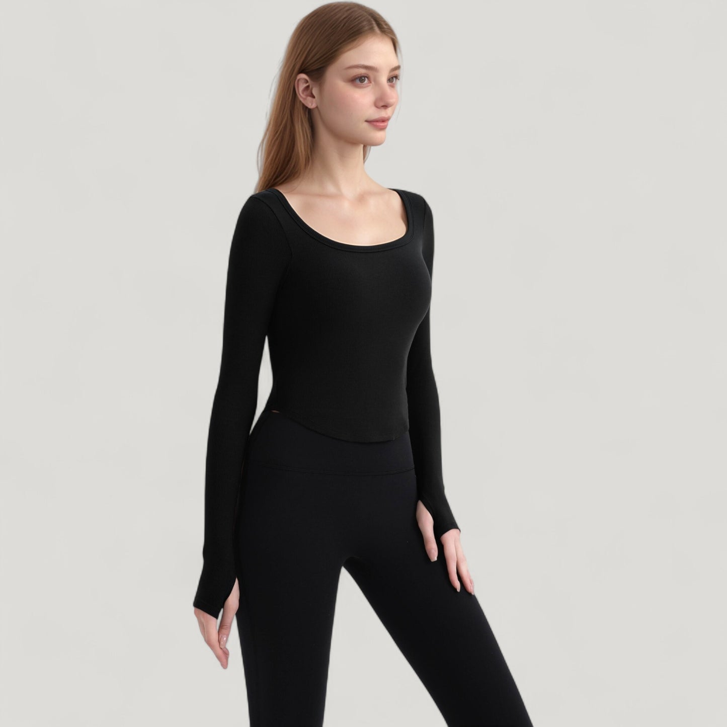 Anna-Kaci Active Women's Long Sleeve Pullover Top with Deep Scoop Neck and Fitted Stretch Design