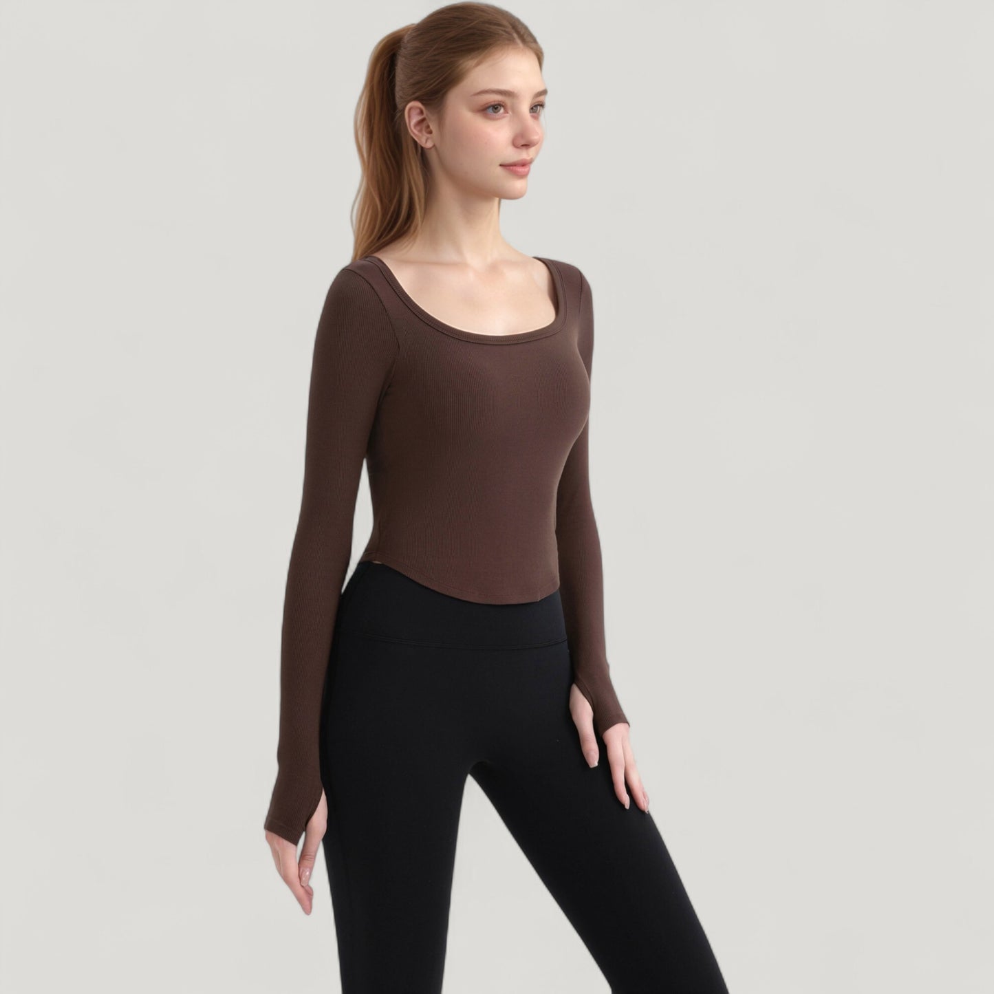 Anna-Kaci Active Women's Long Sleeve Pullover Top with Deep Scoop Neck and Fitted Stretch Design