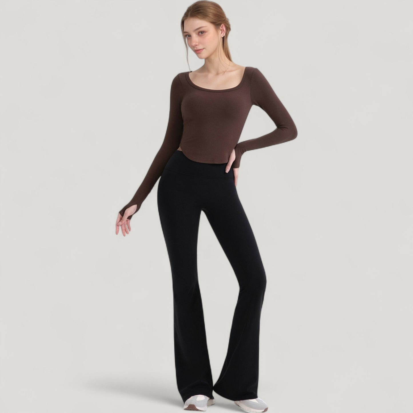 Anna-Kaci Active Women's Long Sleeve Pullover Top with Deep Scoop Neck and Fitted Stretch Design