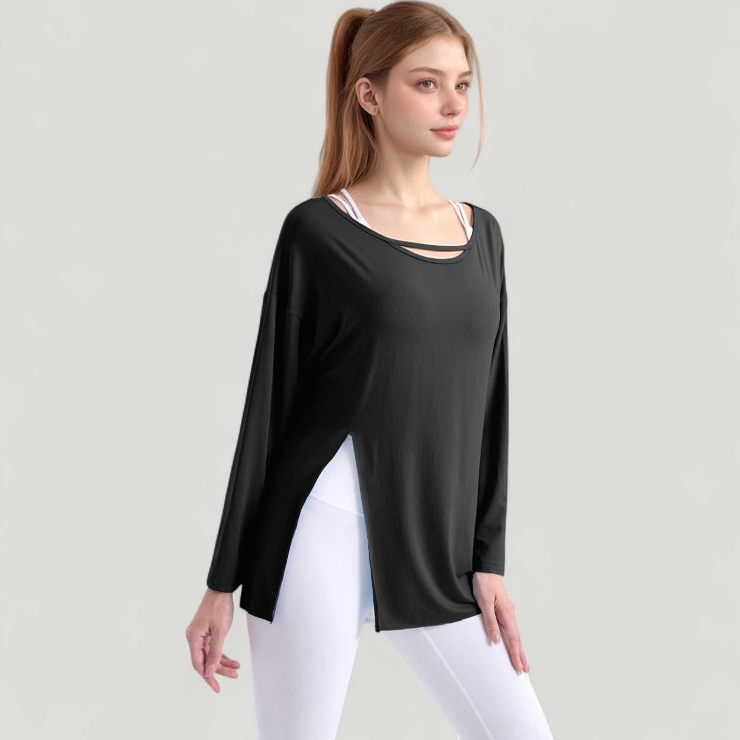 Anna-Kaci Active Women's Long Sleeve Pullover Top with Cutout Scoop Neck and Side Slit Hem