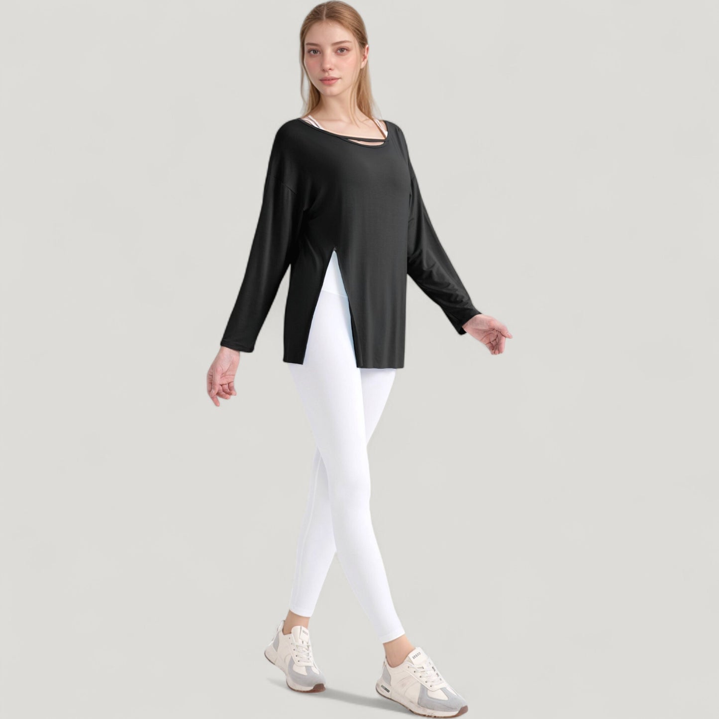 Anna-Kaci Active Women's Long Sleeve Pullover Top with Cutout Scoop Neck and Side Slit Hem