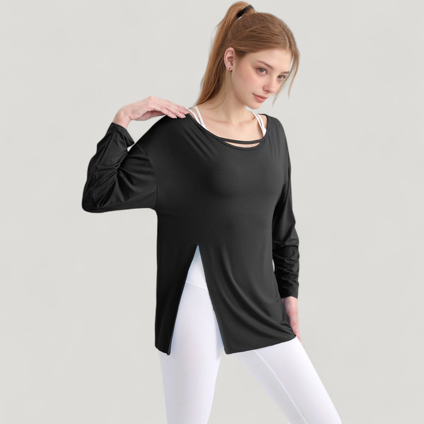 Anna-Kaci Active Women's Long Sleeve Pullover Top with Cutout Scoop Neck and Side Slit Hem