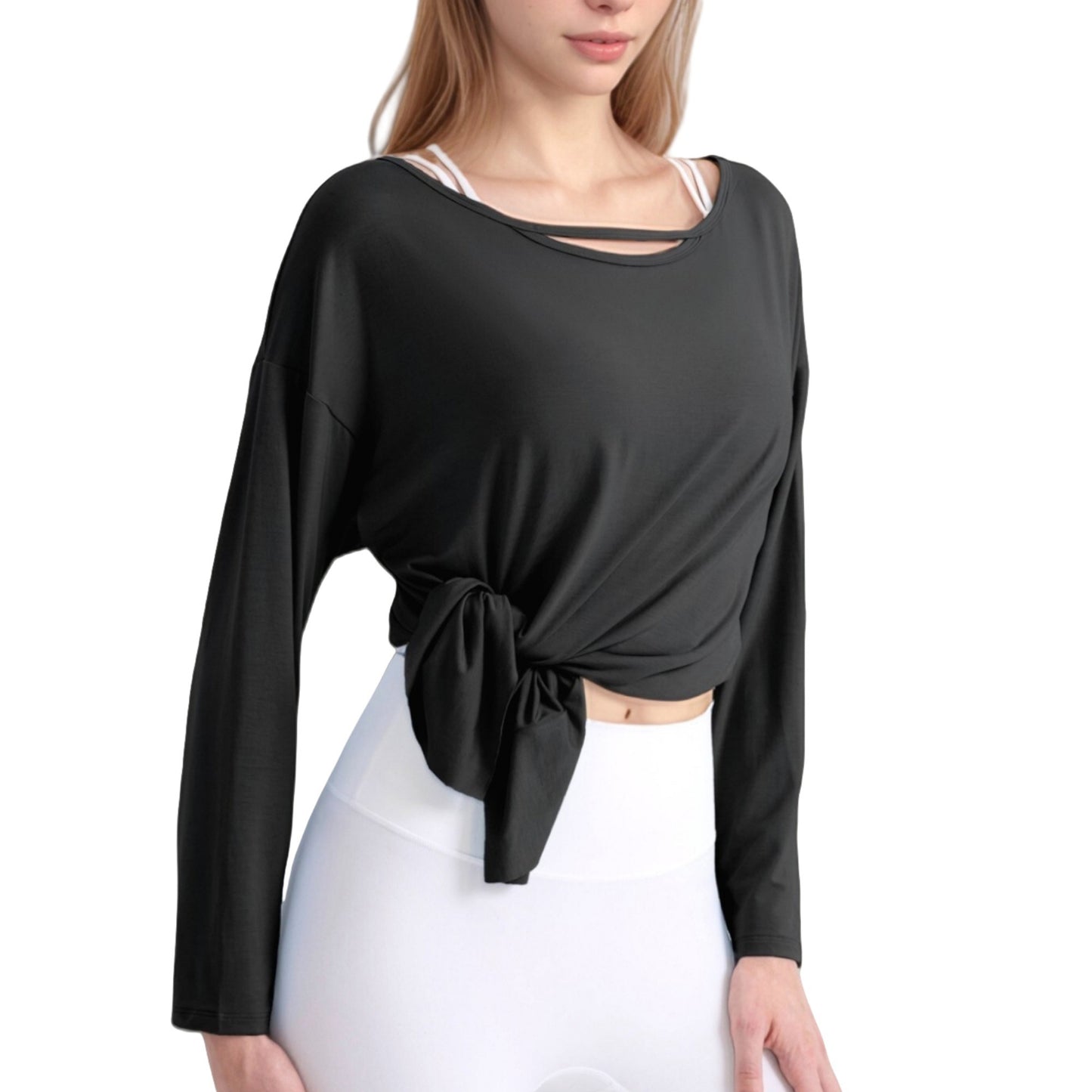 Anna-Kaci Active Women's Long Sleeve Pullover Top with Cutout Scoop Neck and Side Slit Hem
