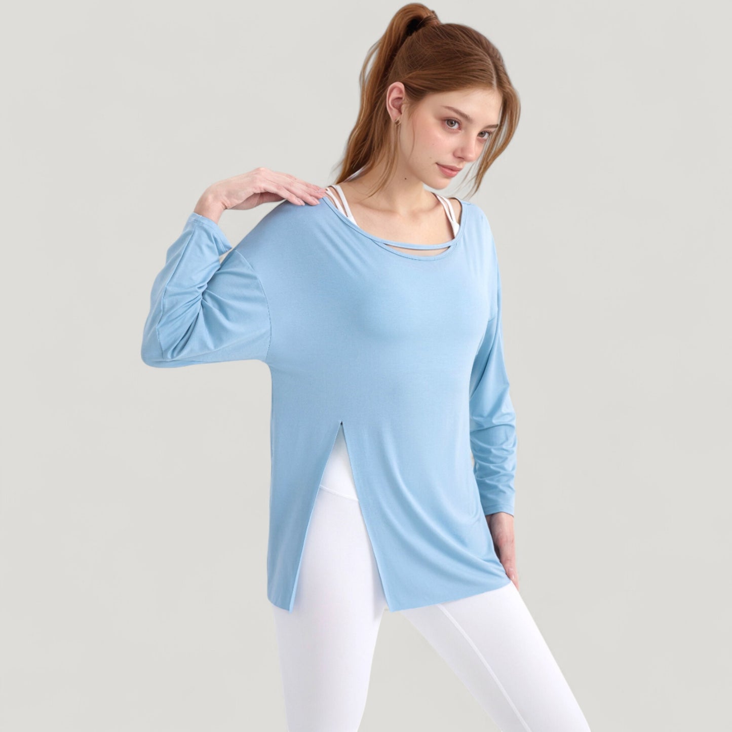 Anna-Kaci Active Women's Long Sleeve Pullover Top with Cutout Scoop Neck and Side Slit Hem