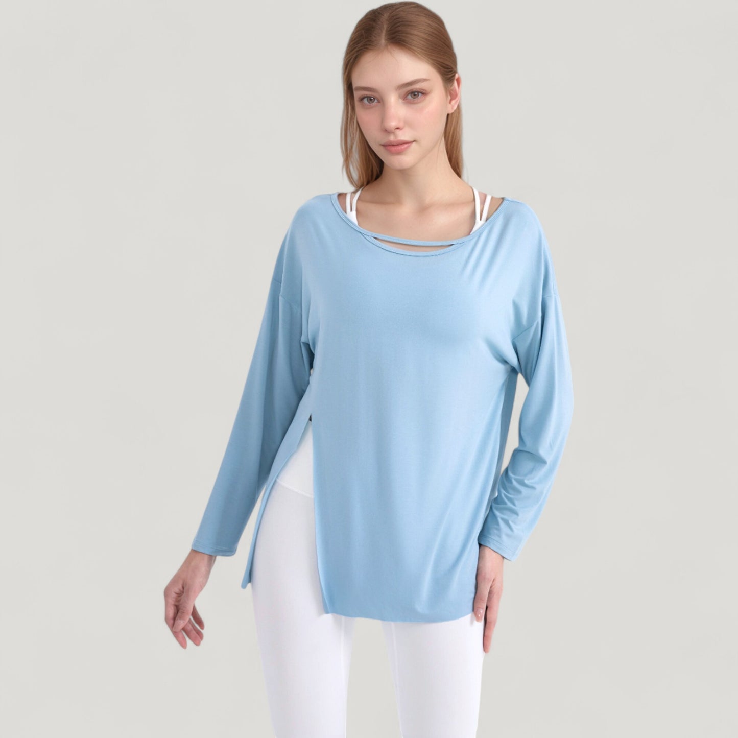 Anna-Kaci Active Women's Long Sleeve Pullover Top with Cutout Scoop Neck and Side Slit Hem