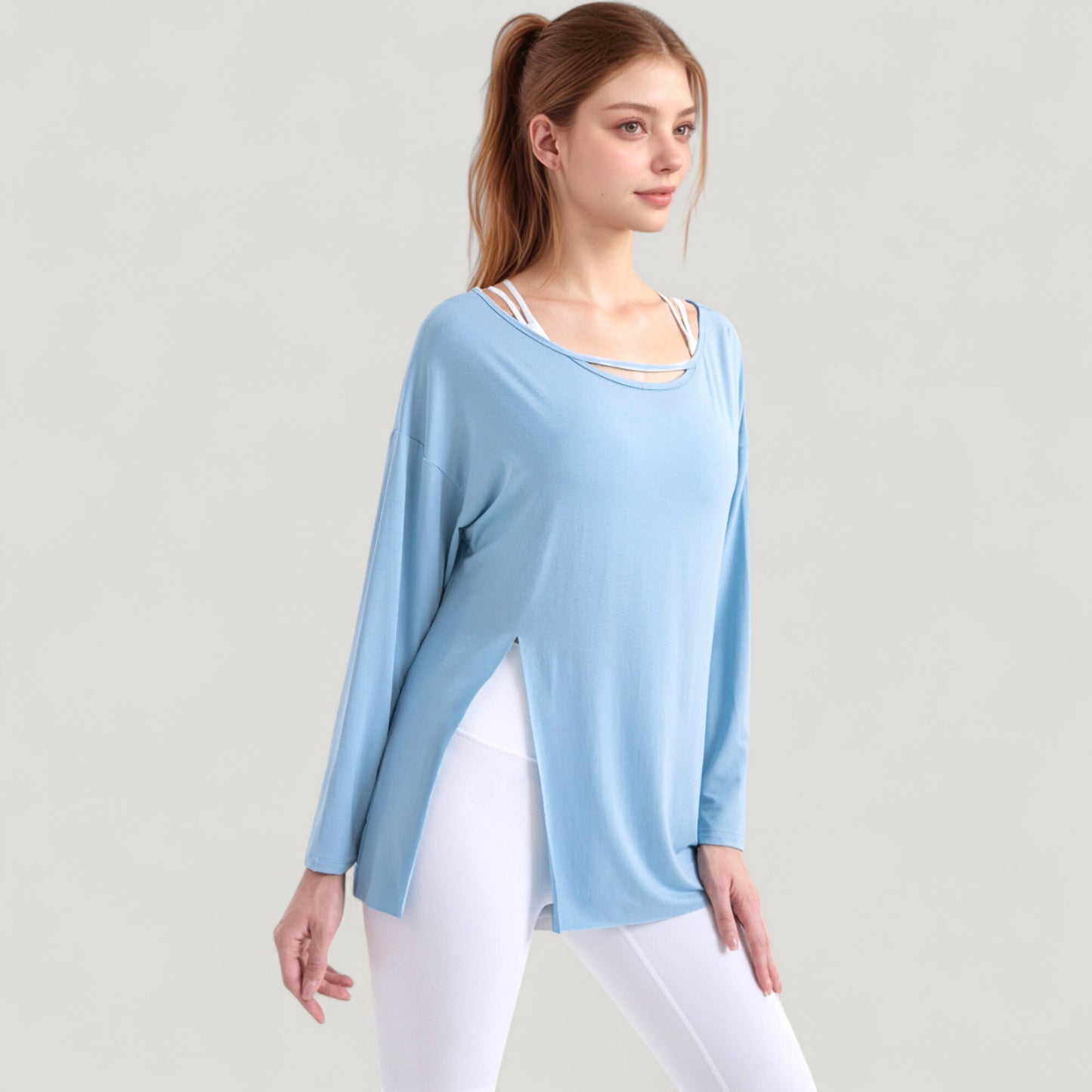 Anna-Kaci Active Women's Long Sleeve Pullover Top with Cutout Scoop Neck and Side Slit Hem