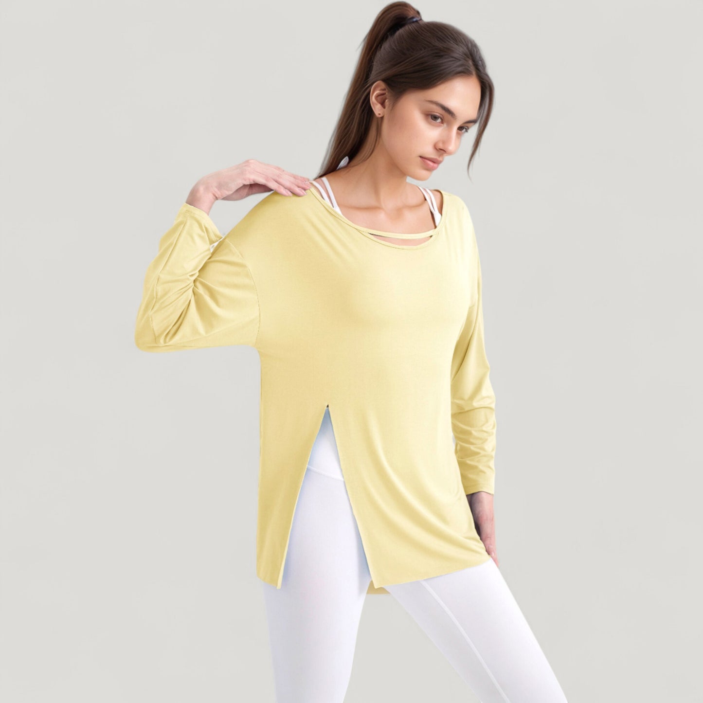 Anna-Kaci Active Women's Long Sleeve Pullover Top with Cutout Scoop Neck and Side Slit Hem