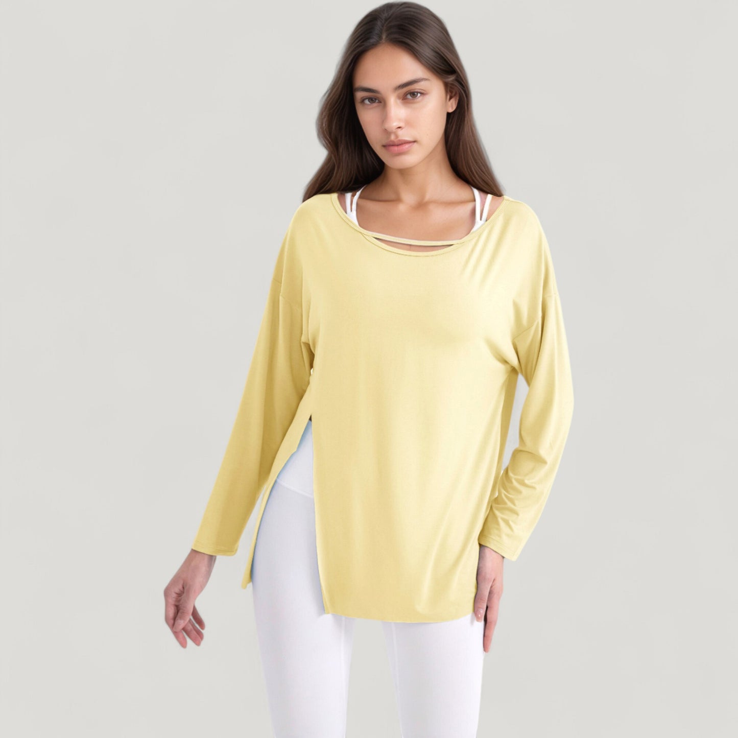 Anna-Kaci Active Women's Long Sleeve Pullover Top with Cutout Scoop Neck and Side Slit Hem