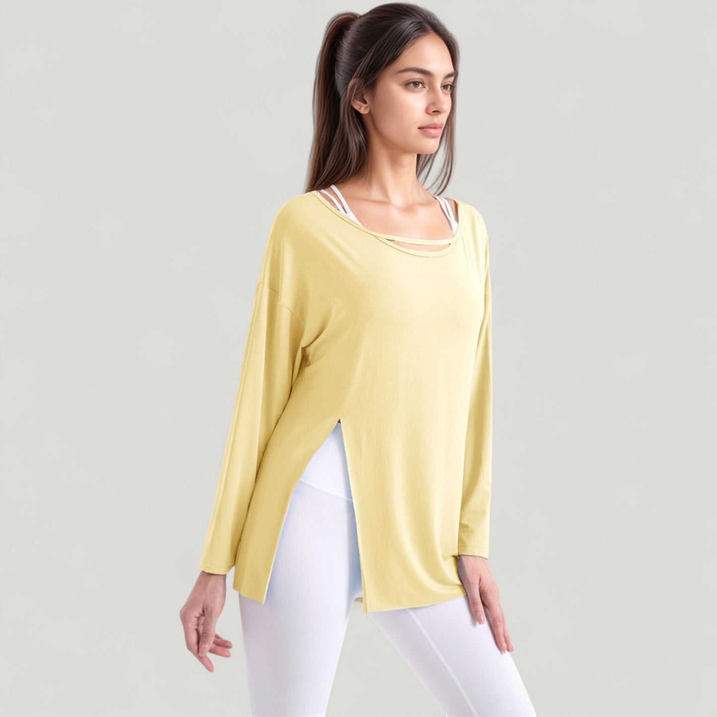 Anna-Kaci Active Women's Long Sleeve Pullover Top with Cutout Scoop Neck and Side Slit Hem