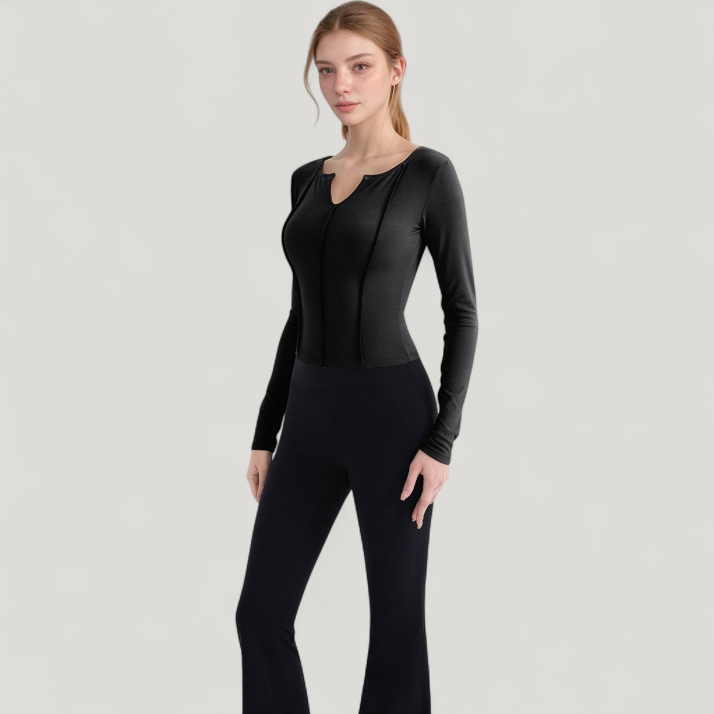 Anna-Kaci Active Women's Long Sleeve Fitted Athletic Top with Notch Neckline and Contoured Seams