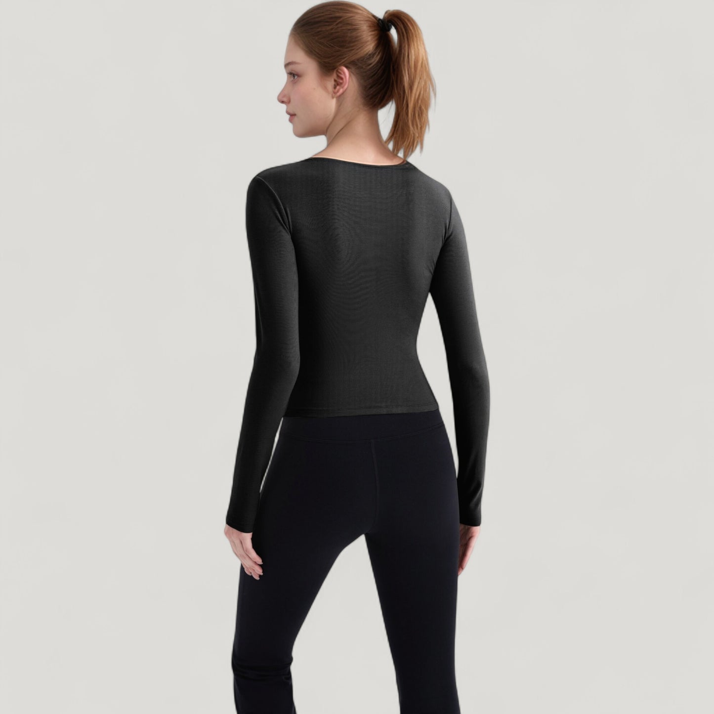 Anna-Kaci Active Women's Long Sleeve Fitted Athletic Top with Notch Neckline and Contoured Seams